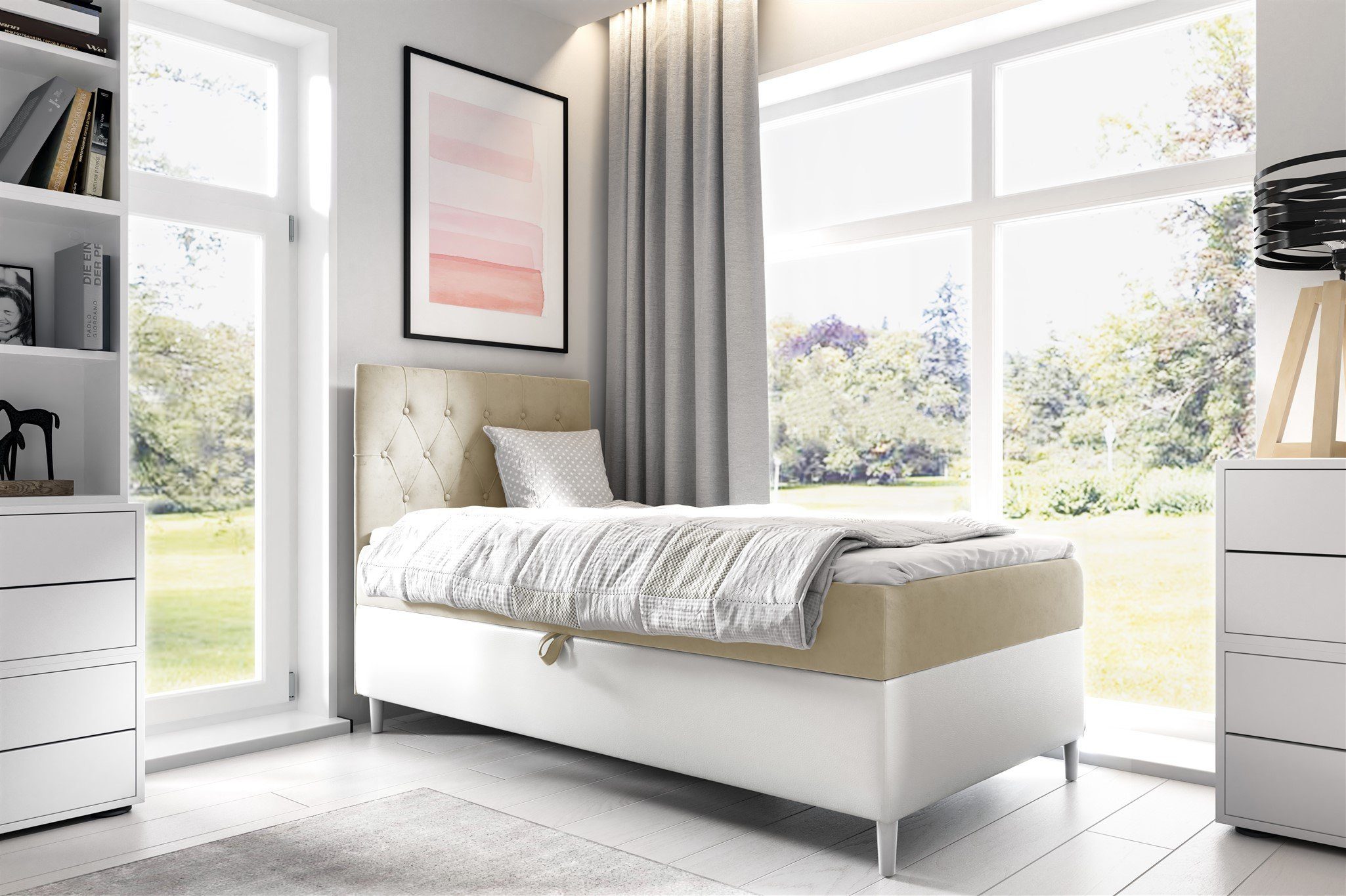 Fun Möbel Boxbett Gästebett Kinderbett FINJA Nr.1 (Holzfüße (Weiß / Höhe. 13 cm), In drei Größen), inkl. Topper und Bettkasten