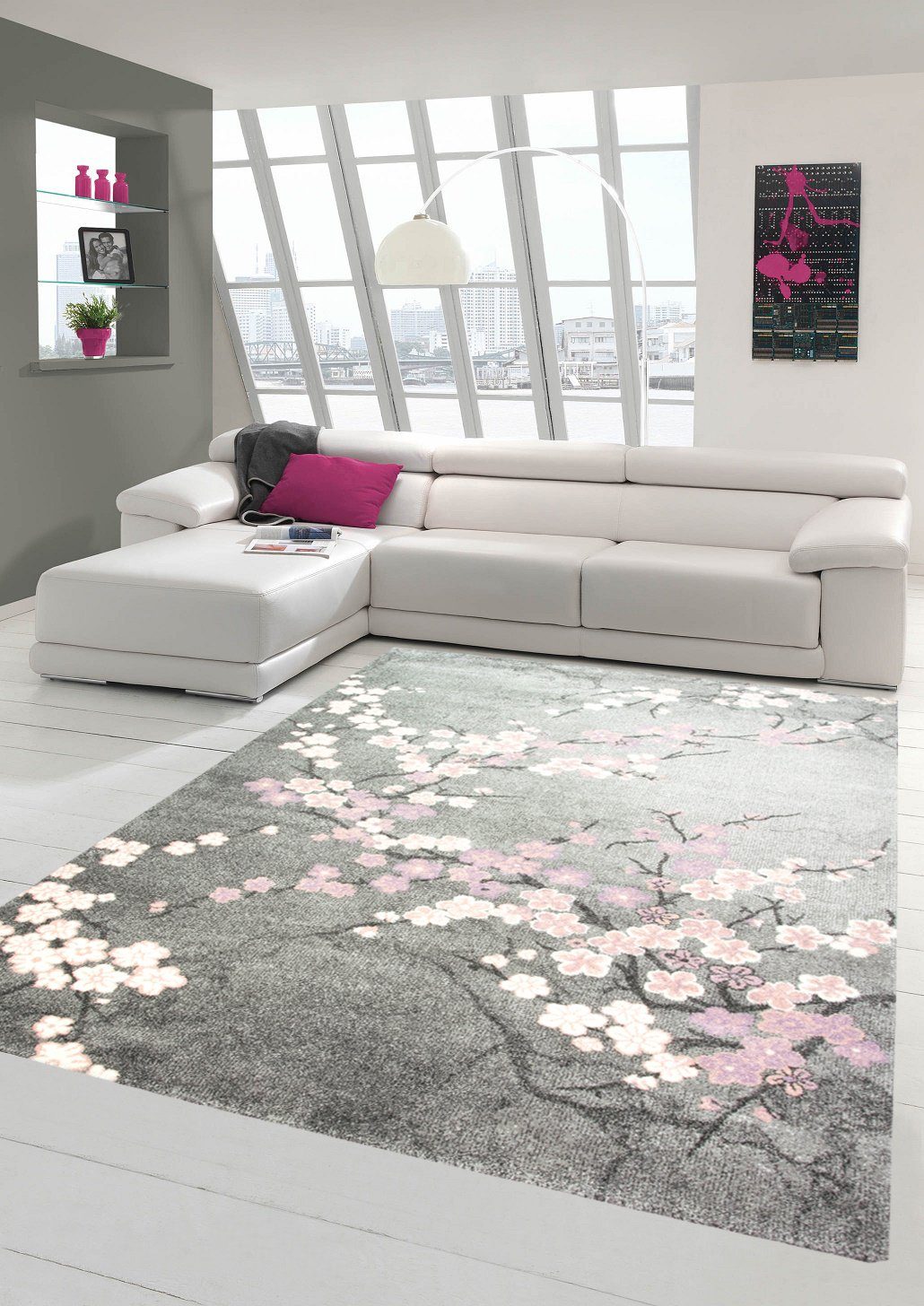 Teppich Teppich modern Wohnzimmer Teppich mit Blumenmotiv Pink Grau, Teppich-Traum,  rechteckig, Höhe: 13 mm | Kurzflor-Teppiche