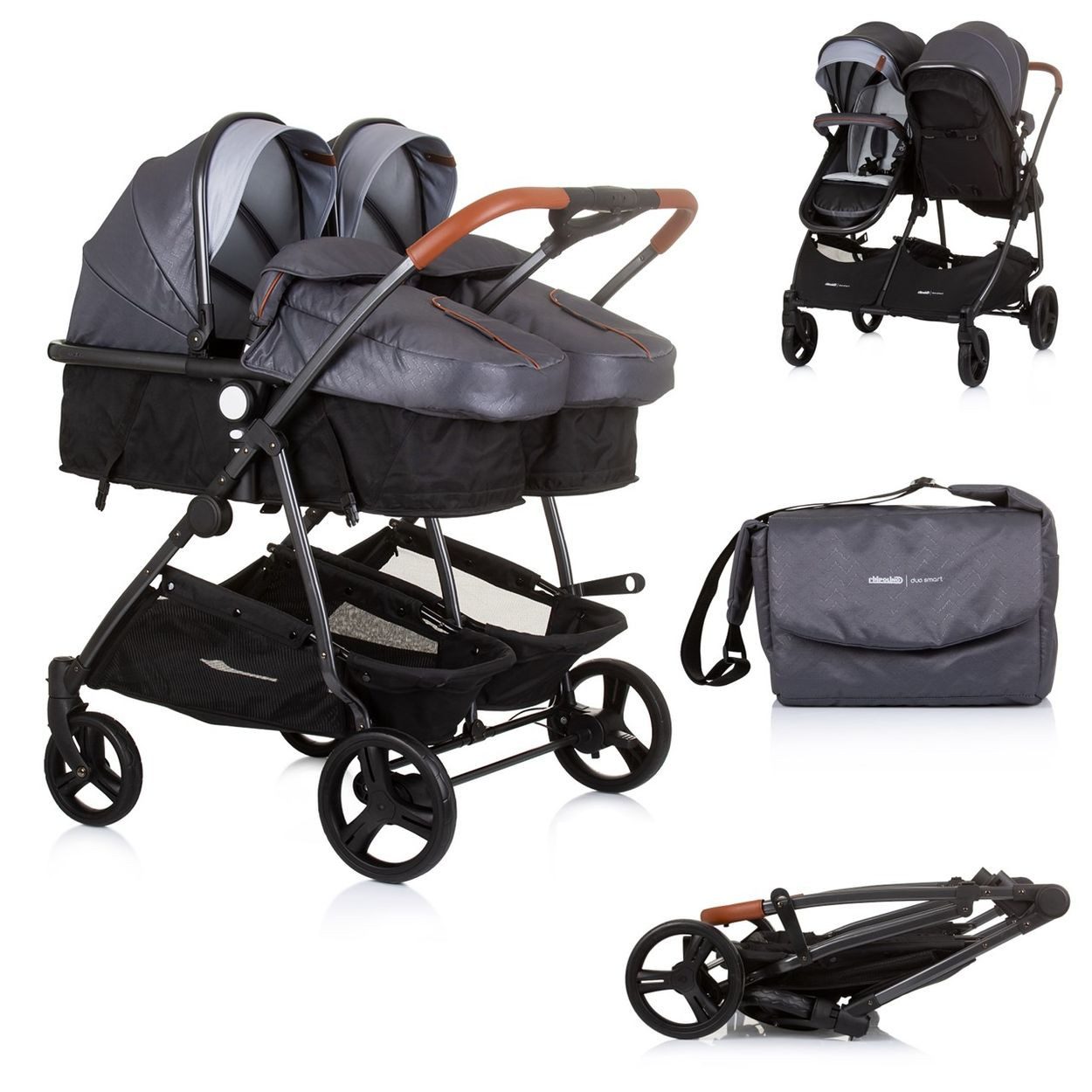 Chipolino Geschwisterwagen Duo Smart, klappbar, umbaubar, verstellbar, Fußsack, EVA-Reifen, Sicherheitsgurt