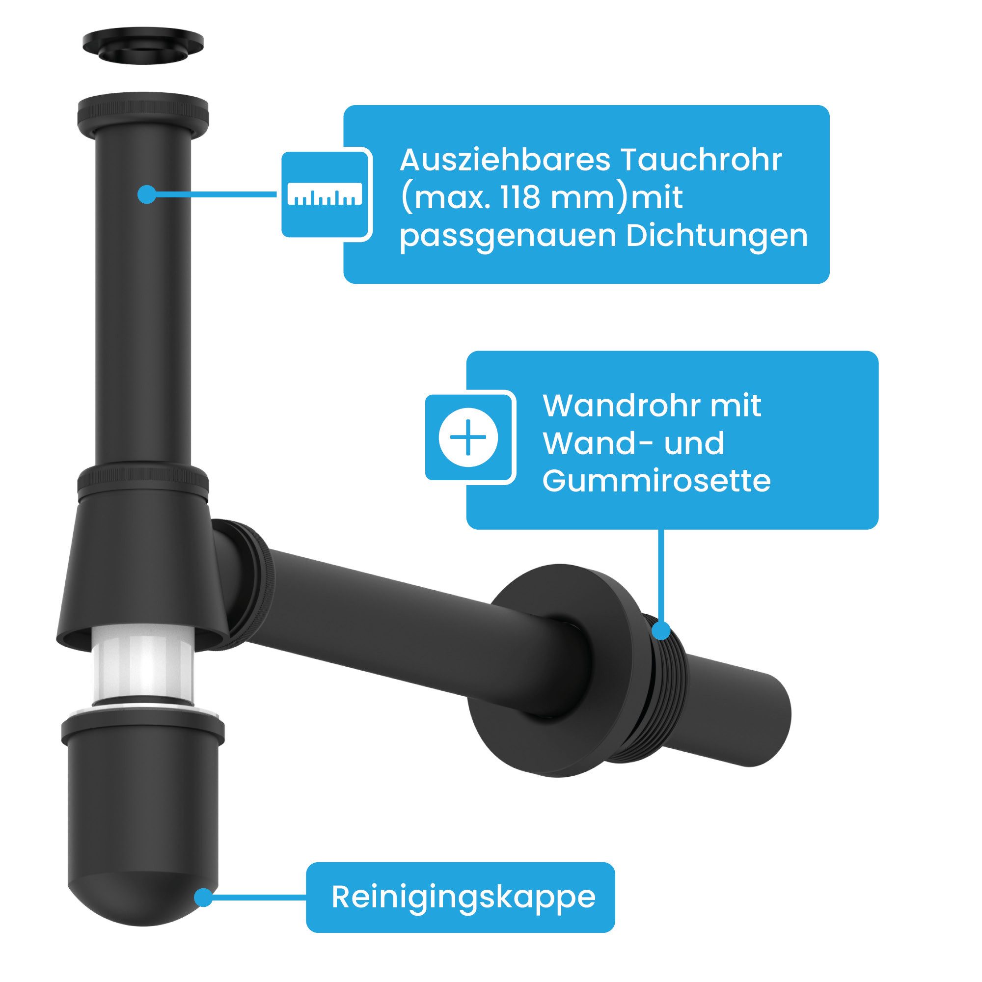 Bächlein Siphon Tassensiphon mit abnehmbarer Reinigungskappe, massives, verchromtes Messing