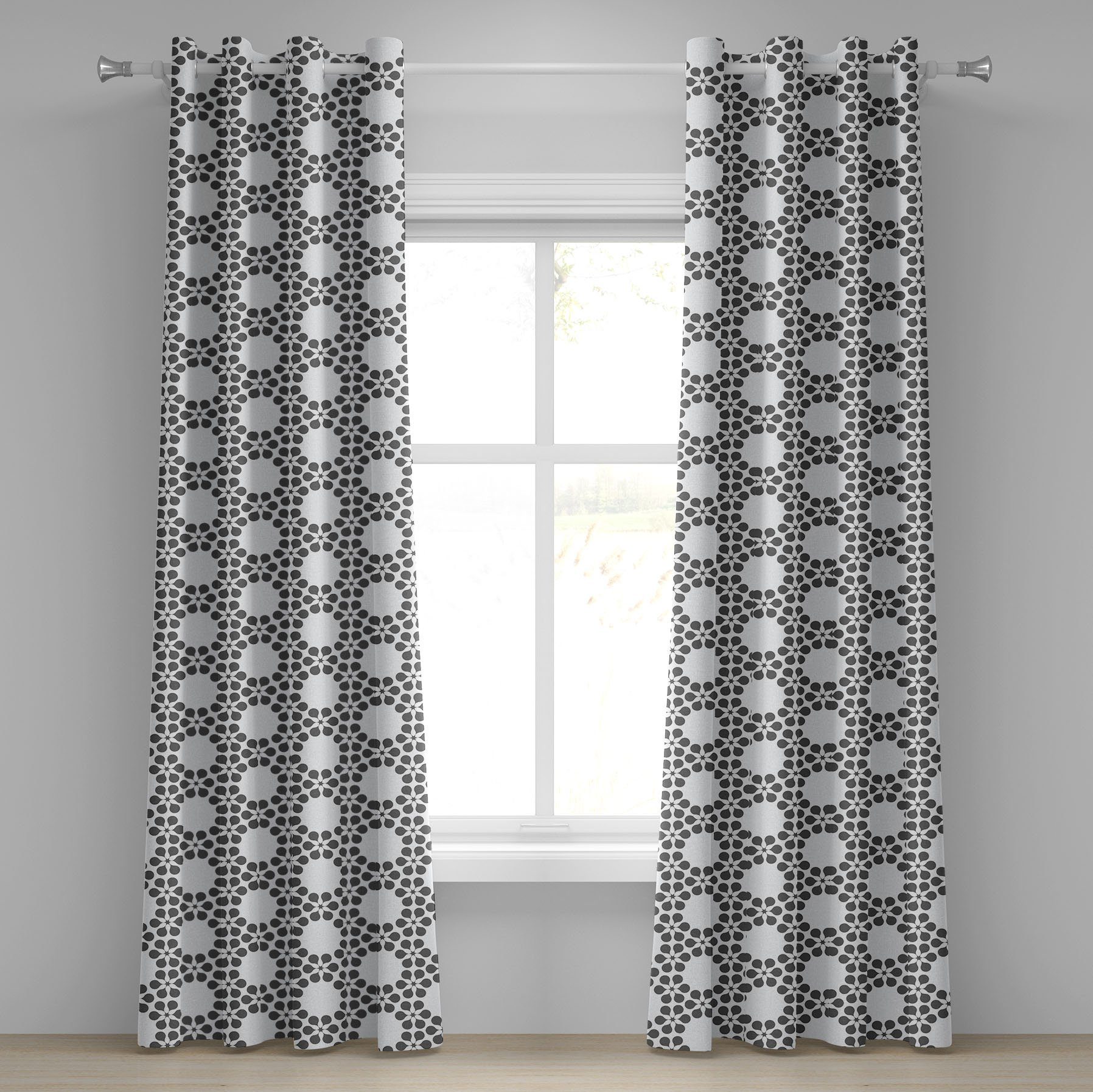 Gardine Dekorative 2-Panel-Fenstervorhänge für Schlafzimmer Wohnzimmer, Abakuhaus, Grau und Weiß Blumen-Gitter