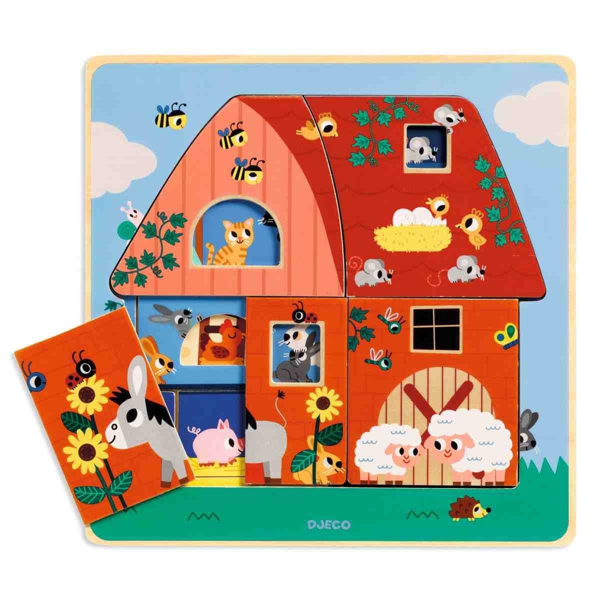 DJECO Puzzle 3 Schichten Puzzle Chez Moo Holzpuzzle, 12 Puzzleteile