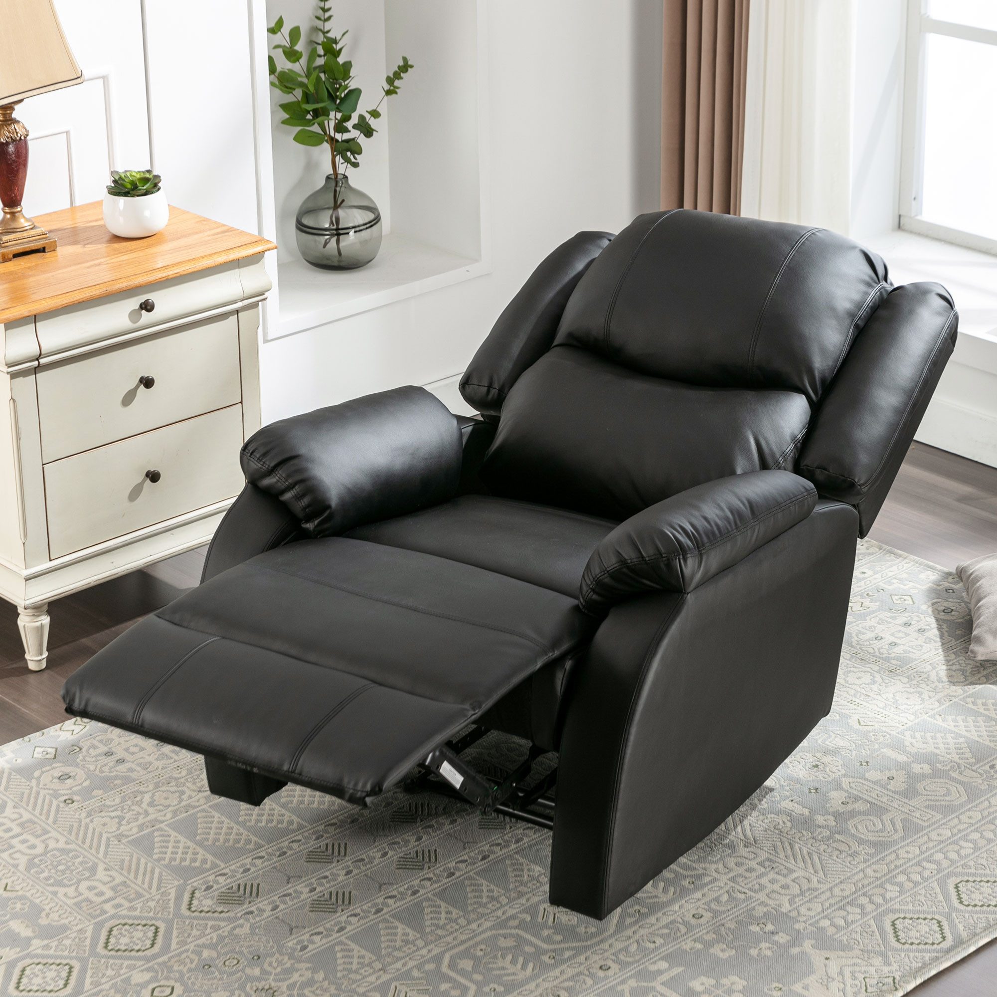 OKWISH TV-Sessel mit Liegefunktion,Relaxsessel mit Stoffbezug,Fernsehsessel verstellbar (Handbuch Liege, mit PU-Leder mit Fußstütze, Seitentasche), 80*90*100CM