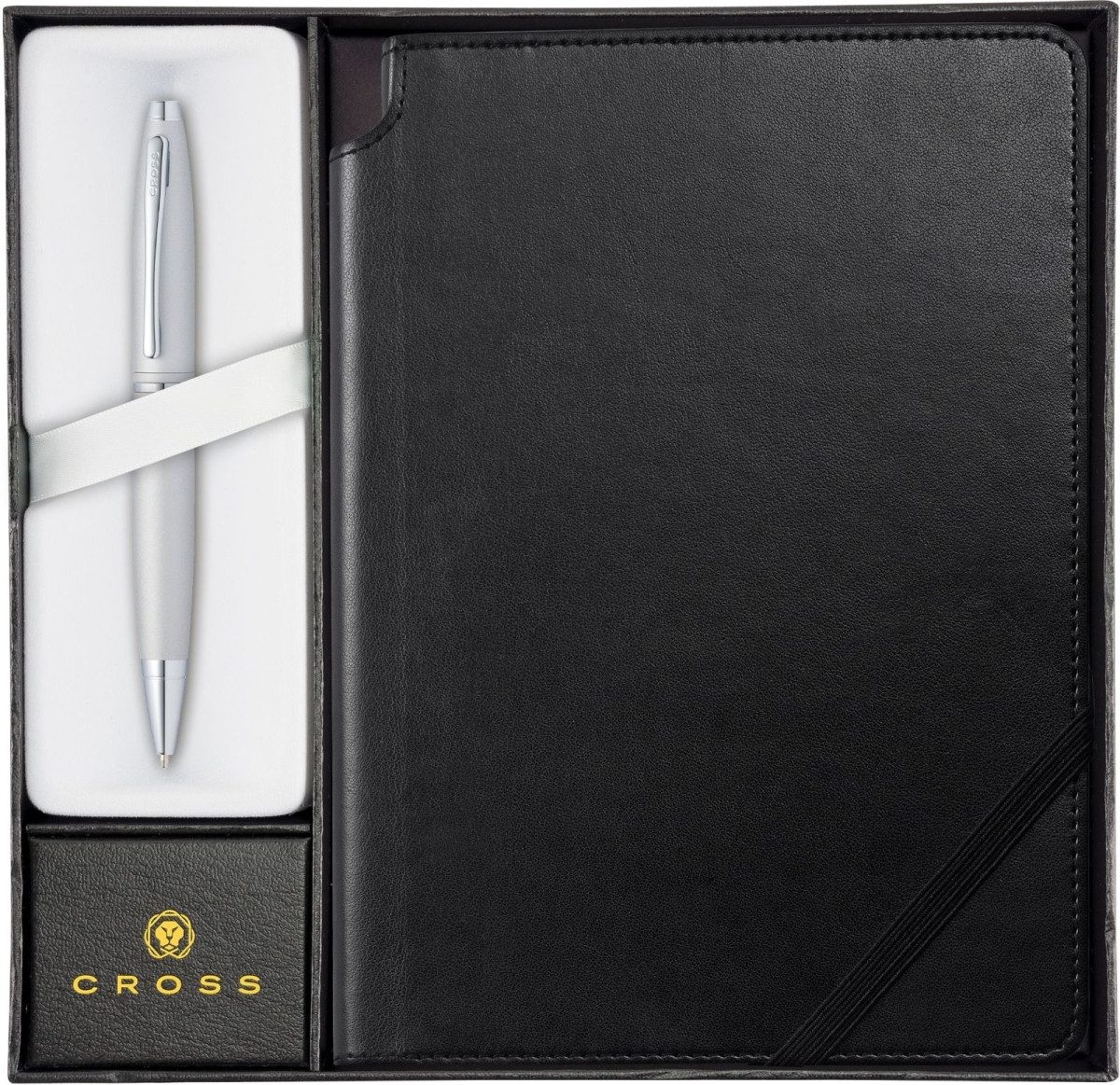 Füllfederhalter Kugelschreiber Calais mattchrom + Notizbuch schwarz.