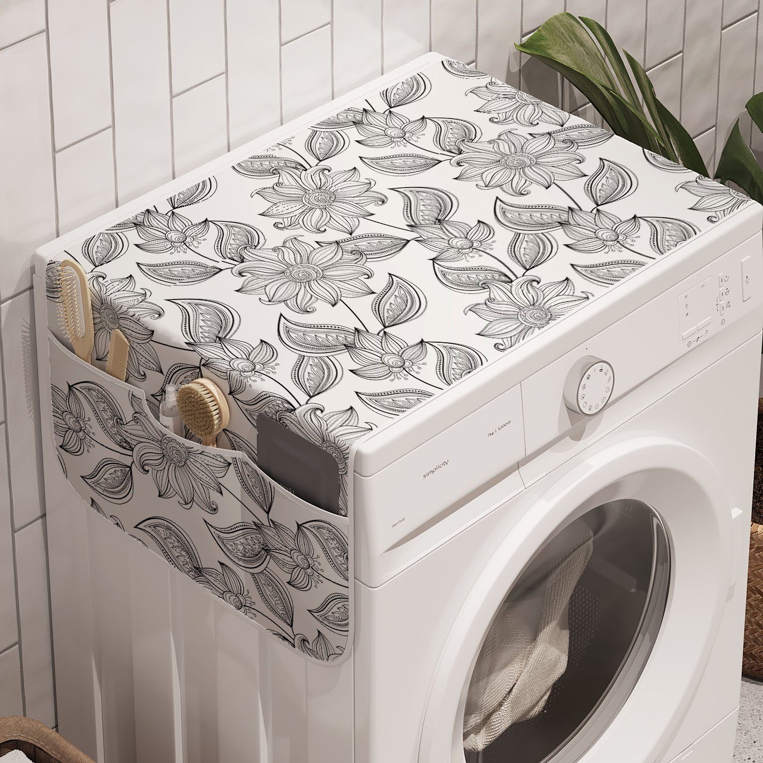 und Trockner, für Floral Abakuhaus Umriss-Zeichnungen Monotone Badorganizer Anti-Rutsch-Stoffabdeckung Waschmaschine