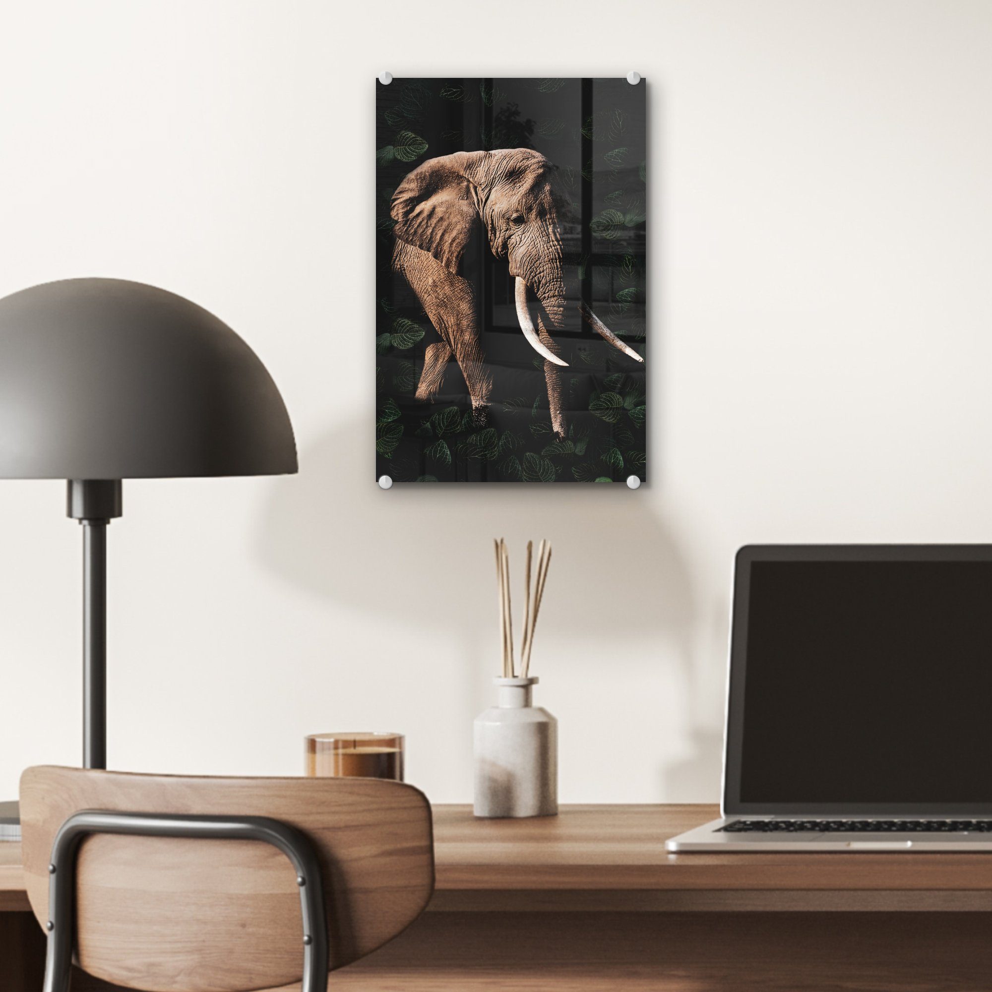 (1 - Glas Elefant - Glas - - bunt MuchoWow St), Dschungel auf Foto Acrylglasbild Glasbilder Wandbild Wanddekoration Bilder Schwarz, - auf