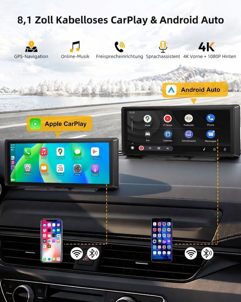 ESSGOO 8,1 Zoll 4K+1080P Carplay Android Auto BT Dashcam Autoradio Dashcam (HD, Tragbar Autoradio Rückfahrkamera IPS Touchscreen GPS Navi FM AUX)