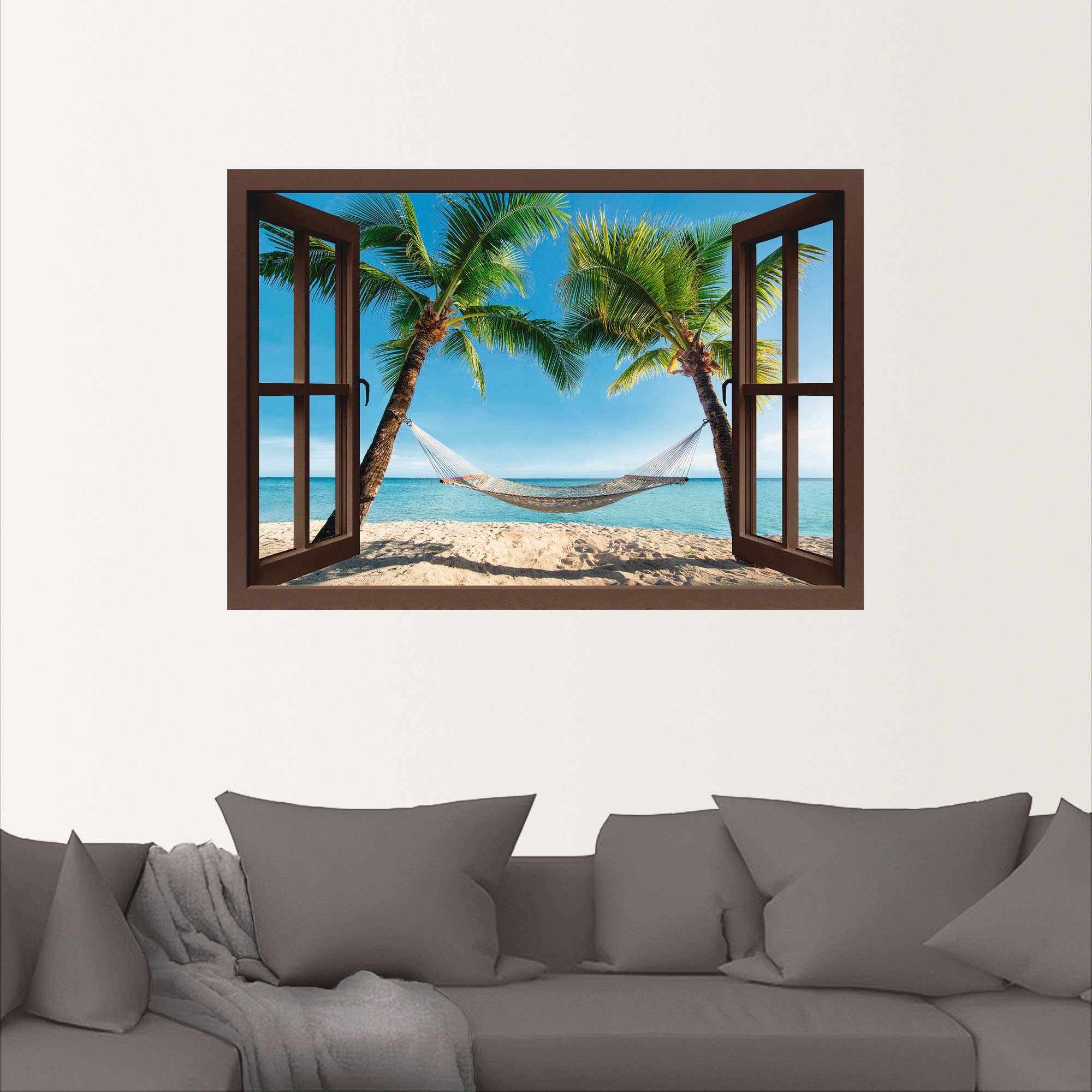 Artland Wandbild Fensterblick Leinwandbild, versch. Amerika Karibik, Größen Palmenstrand oder Poster St), Wandaufkleber als Alubild, (1 in