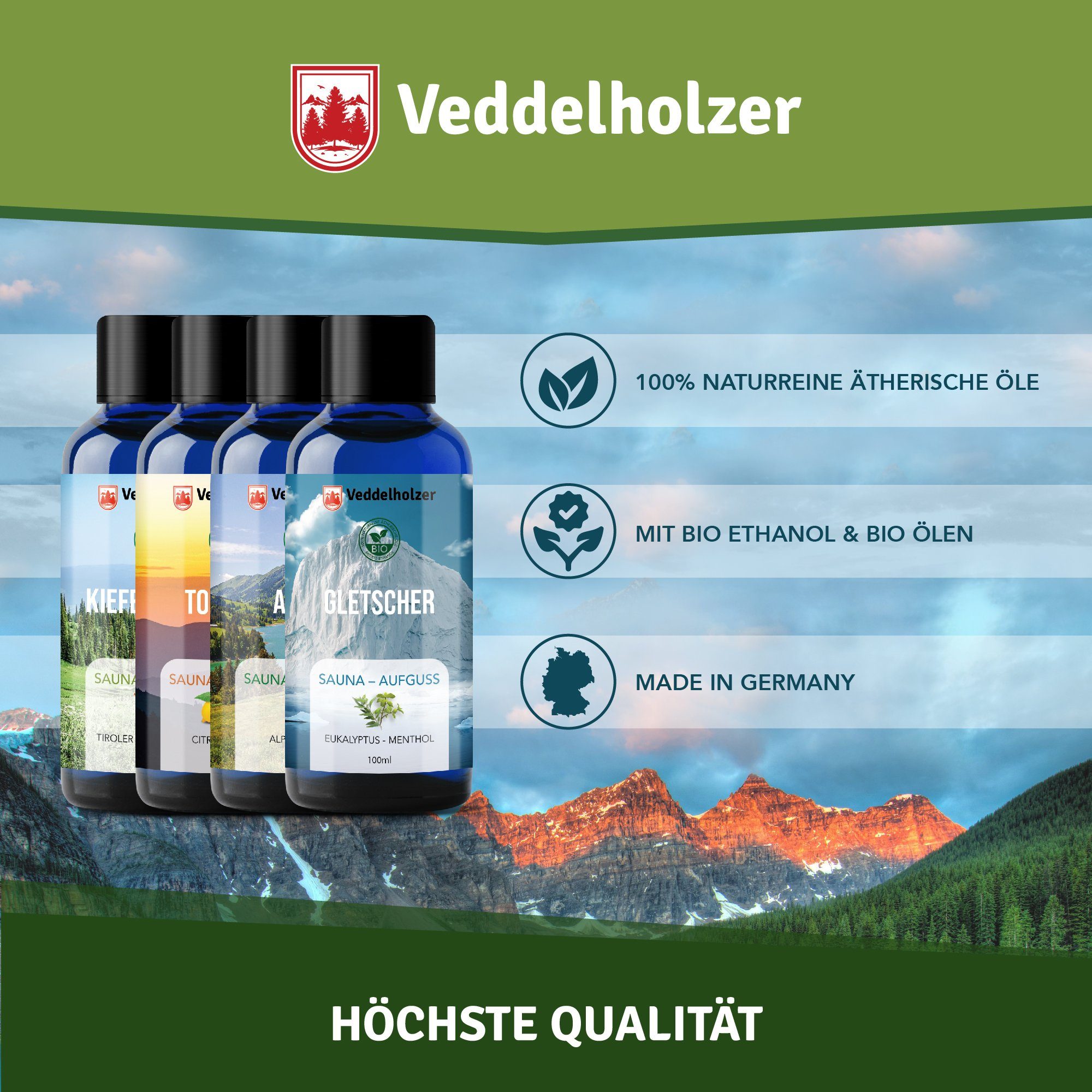 Veddelholzer Sauna-Aufgussset BIO Saunaaufguss Geschenkset Saunazubehör Aufgussmittel (4 x 100 ml verschiedene Saunaöle, 4-tlg., 100% naturreinen ätherischen Ölen) Bio Qualität als Geschenkset