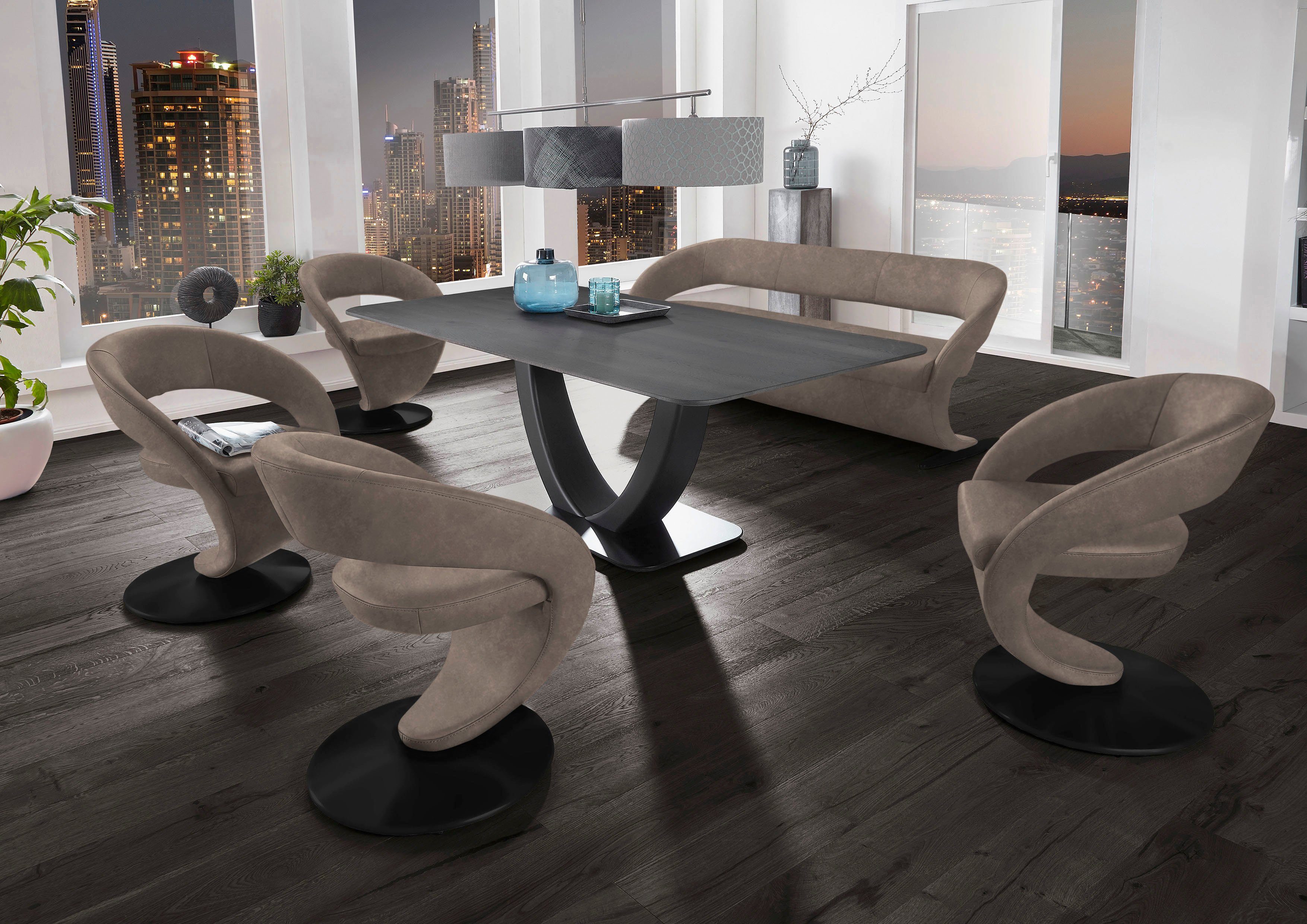 Tisch 4 Wave, (Set), und Wildeiche Wohnen in Essgruppe Design-Drehstühlen 180x90cm, Tischplatte Komfort K+W &