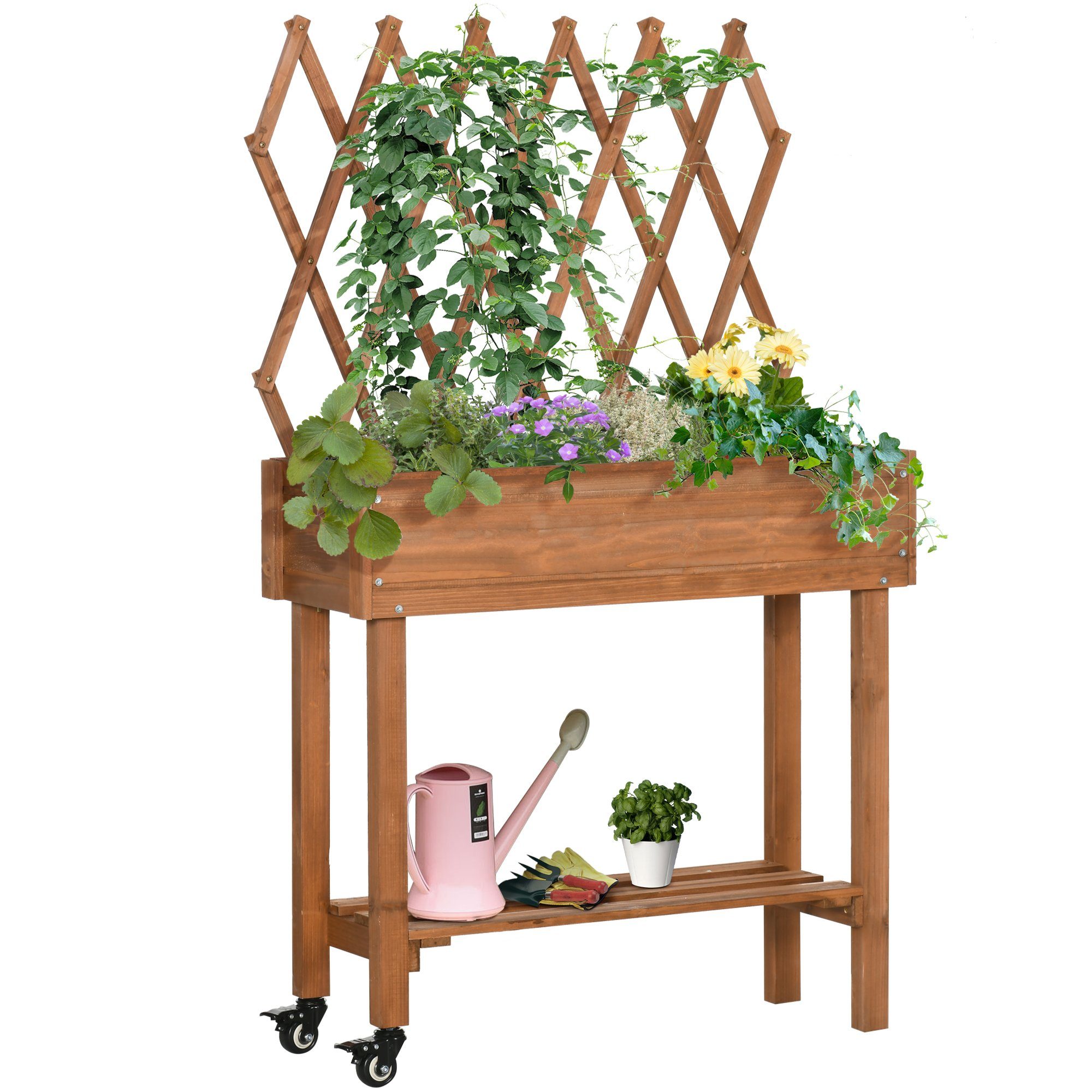 Outsunny Hochbeet (Set, 1 St., Blumenkasten), mit Rankgitter, Pflanzkübel  mit Ablage, Rollen