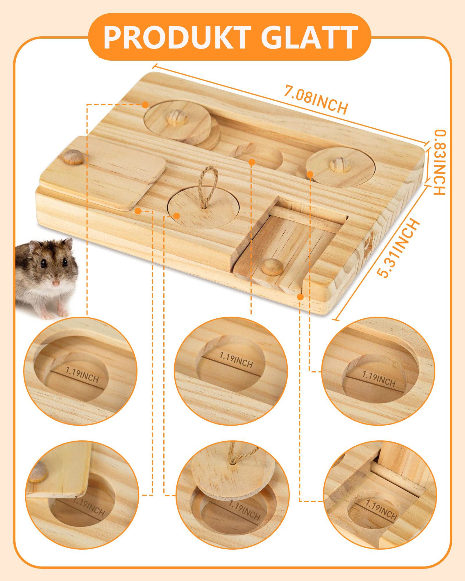 Ledander Tier-Beschäftigungsspielzeug Futtersuchspielzeug für Meerschweinchen,Leckerli-Spender6-in-1, Interaktives Holzspielzeug für Kleintiere:Kaninchen, Chinchillas&Mäuse