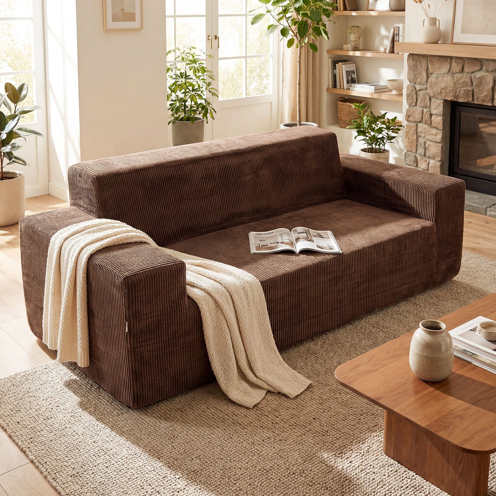 COSTWAY Sofa 3-Sitzer Sofa Cordcouch Bodensofa gepolstert 197cm
