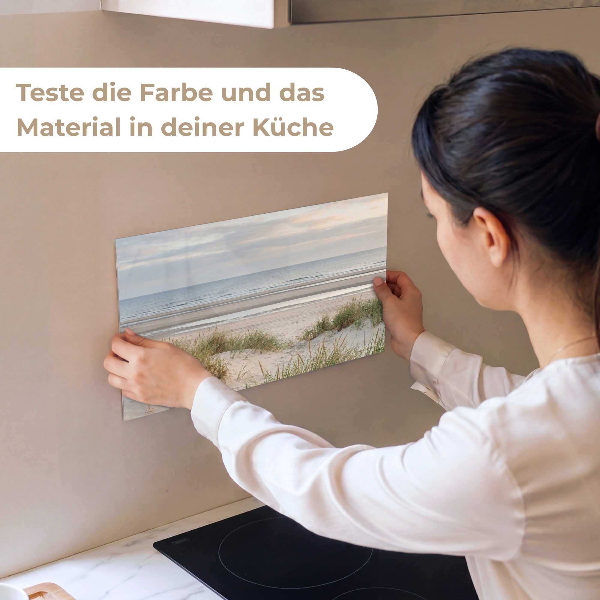 KitchenYeah Küchenrückwand Muster selbstklebend (keine Folie) Sandstrand - Bewölkt - Dünen, (1-tlg), Spritzschutz, Küche, Rückwand, Küchenwand, Küchenfront, 30x20 cm