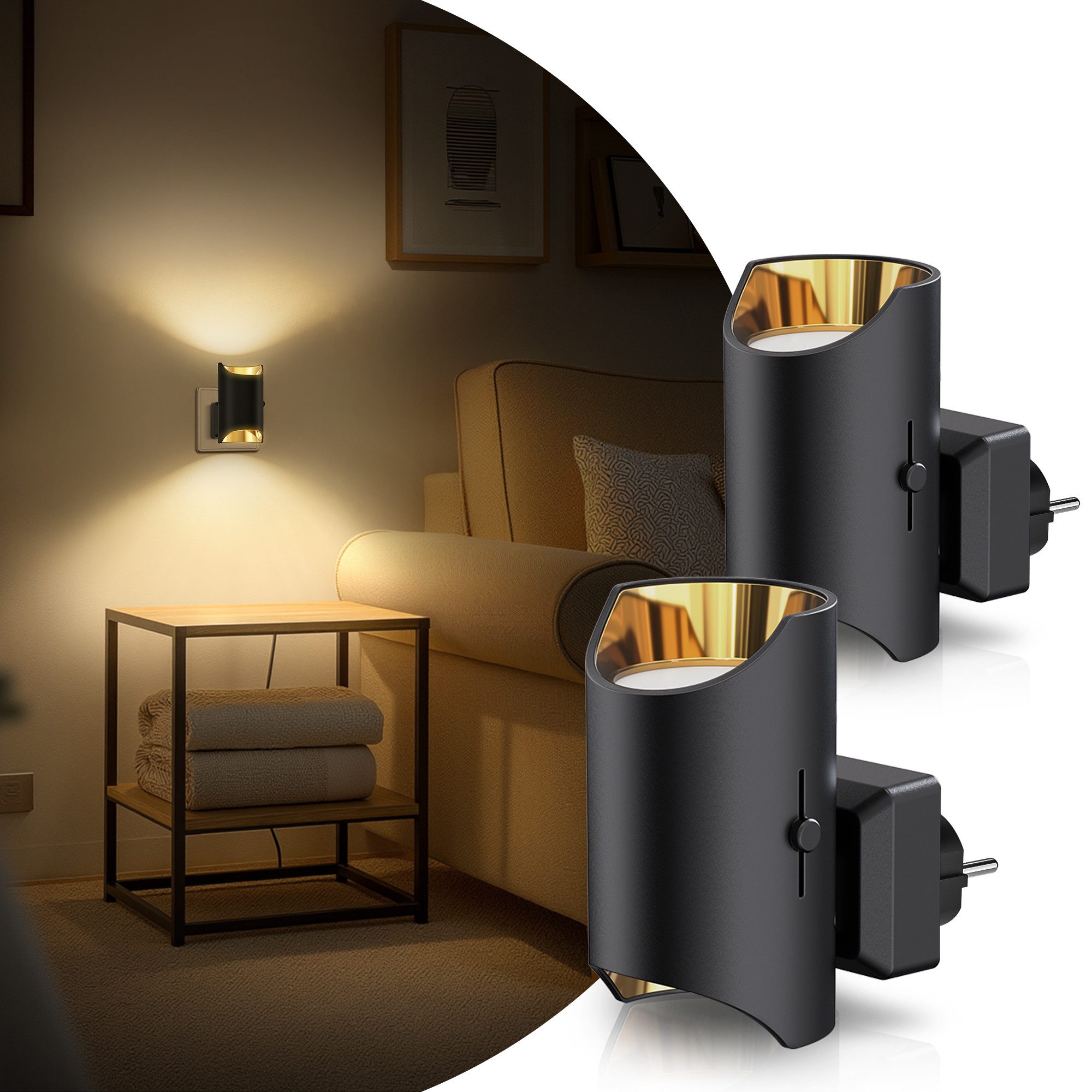 LOHAS-LED LED Nachtlicht LED Up & Down Steckdosen-Nachtlicht Schwarz Kupfer, 2er Set, LED fest integriert, Warmweiß, Dämmerungssensor mit stufenloser 0–100% Dimmung