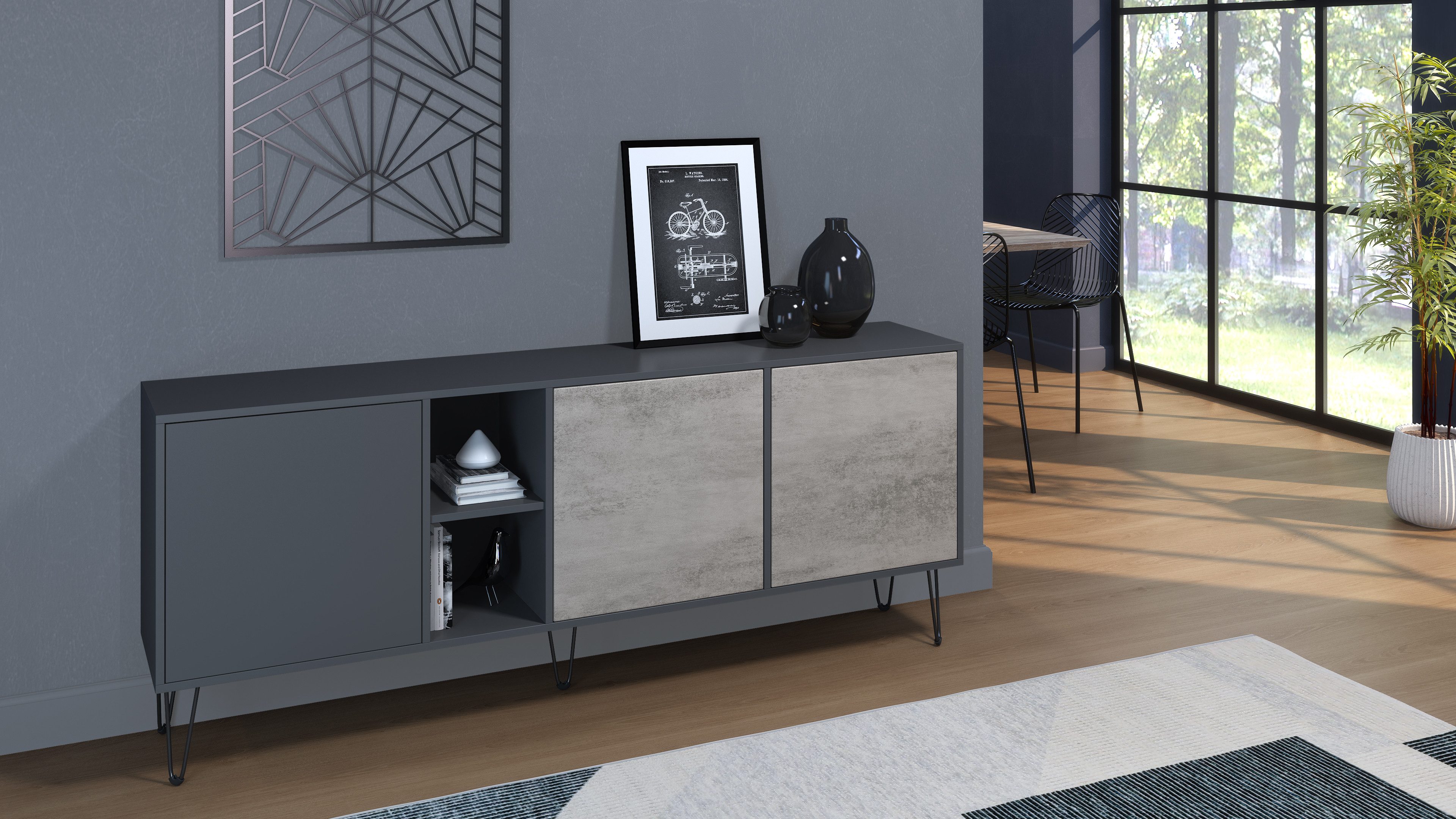 Vladon Sideboard Havana (TV-Schrank mit 3 Türen und 2 offene Fächer, Kommode Made in Germany), Anthrazit matt / Beton Oxid Optik (181,5 x 73 x 35 cm)