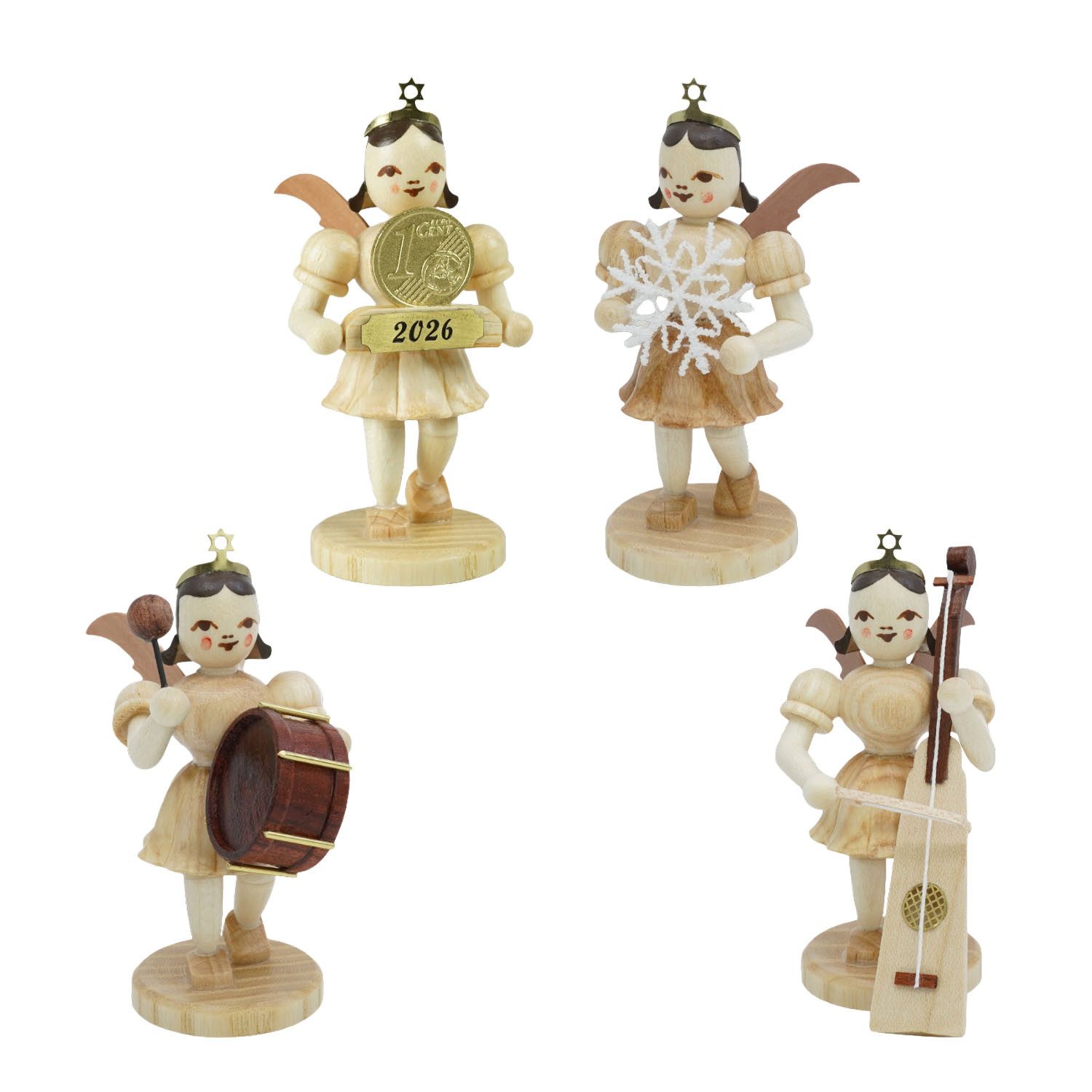 Blank Kunstgewerbe Engelfigur SET Engel Kurzrock natur alle Neuheiten 2026, 4-teilig (Spar-Set, 4 St., Trumscheit & Glückscent & Schneeflocke & Pauke), Original Erzgebirge