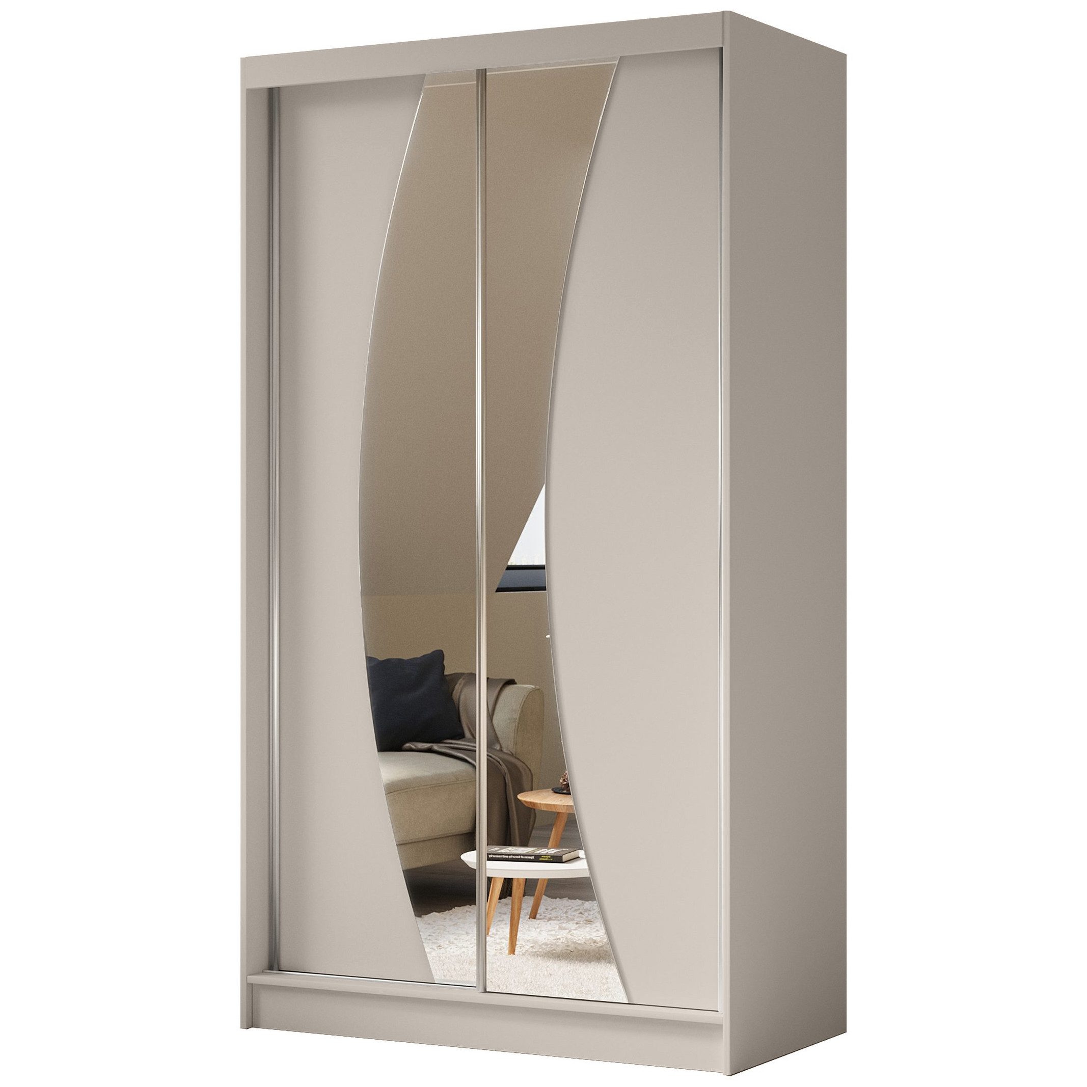 Beautysofa Schiebetürenschrank VOX II mit Spiegel & Schubladen (Schrank modern groß Schiebetüren mit Einlegeböden Kleiderstange, Kleiderschrank Schwebetürenschrank) viele Farben zur Auswahl