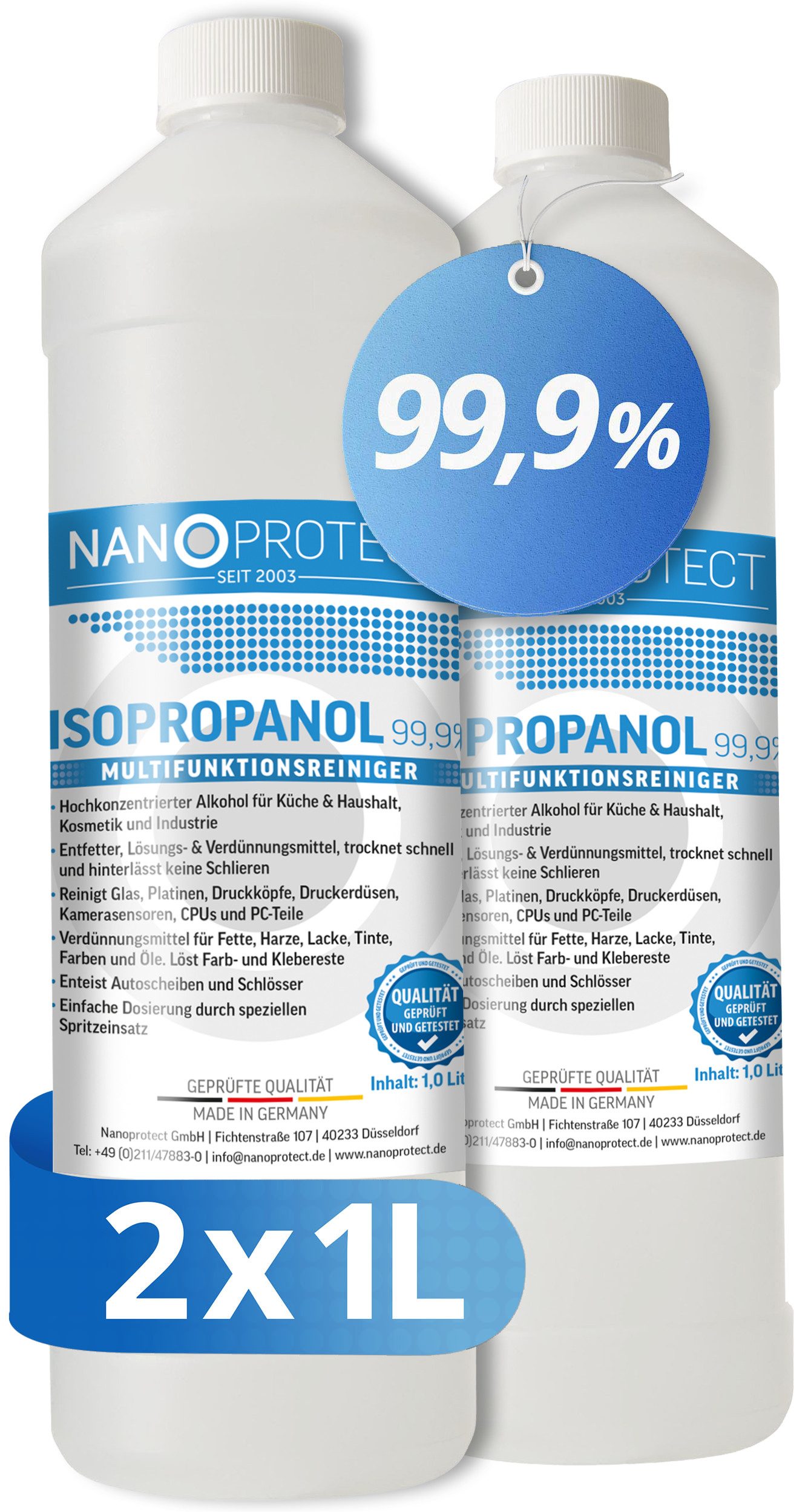Nanoprotect Isopropanol 99,9% - 1 Liter Reinigungsalkohol (Premium IPA - Made in Germany - Für Haushalt und Elektronik)