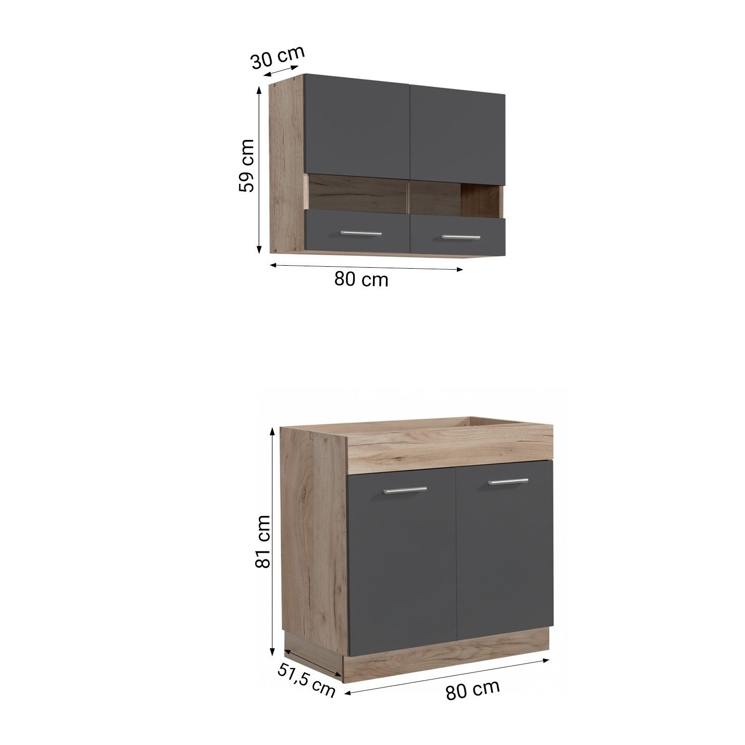 Homestyle4u Küchenzeile 80 cm ohne Geräte, Singleküche, matt Grau Eiche, Glas-Oberschränke, (Oberschränke, Unterschränke), Küchenblock mit Oberschränken und Unterschränken, Einbauküche