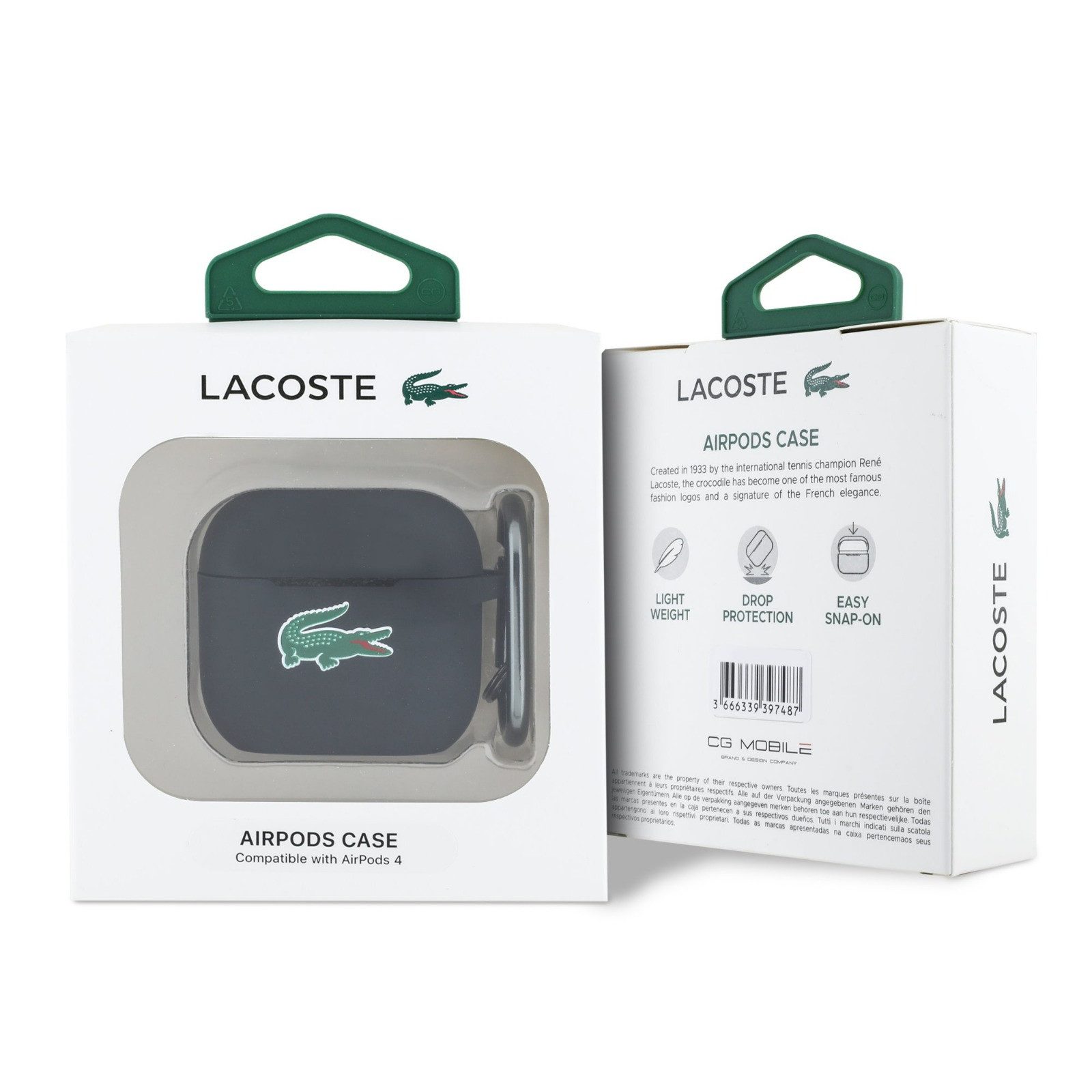 Lacoste Kopfhörer-Schutzhülle Case AirPods 4 Silikon schwarz Logo Krokodil grün mit Karabiner, Karabiner