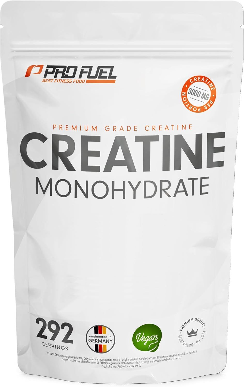 ProFuel Creatin Monohydrat Pulver 1kg / 1000g reines Kreatin Monohydrat Pulver, 1 er Mikronisierte Qualität für gute Löslichkeit à 1000 g, ohne Zusätze 100% vegan