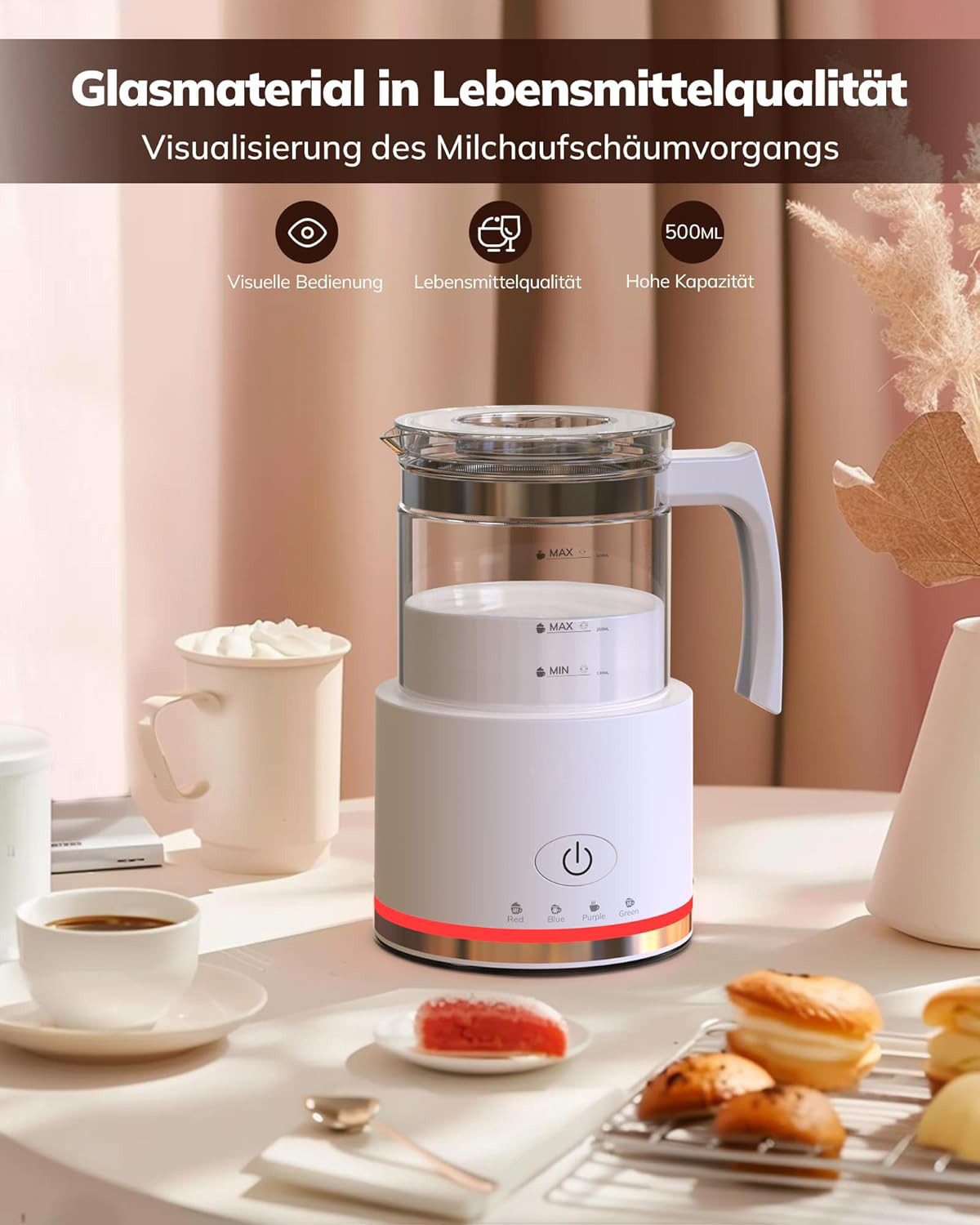 Topcony Milchaufschäumer Elektrisch, 4 in 1 Milchschäumer für Heißer und Kalter, 500ml, 600 W, Spülmaschinenfest, Visuelles Glas, Latte-Design, Weiß