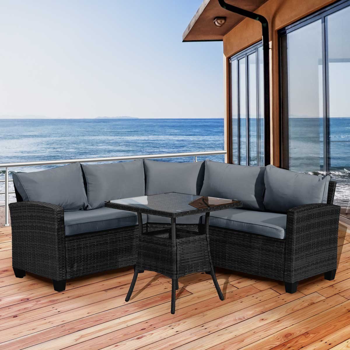 BRAST Garten-Essgruppe Polyrattan Balkon Möbel BALCONY schwarz/grau, Esstisch mit Stühlen Garten