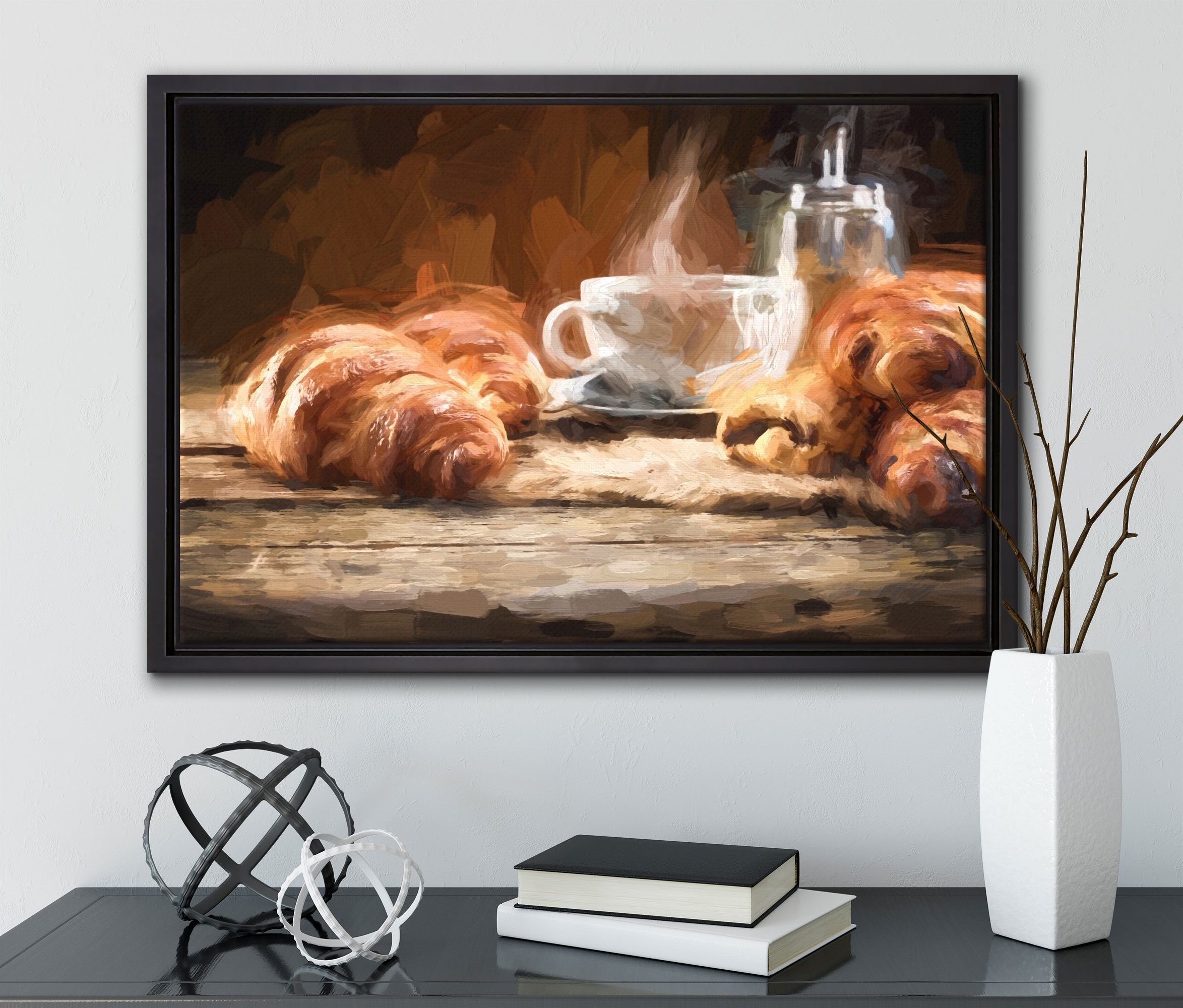 Pixxprint einem Schattenfugen-Bilderrahmen inkl. Croissants, fertig Wanddekoration Leinwandbild in mit bespannt, (1 Leinwandbild Zackenaufhänger St), Kaffee gefasst, Tasse