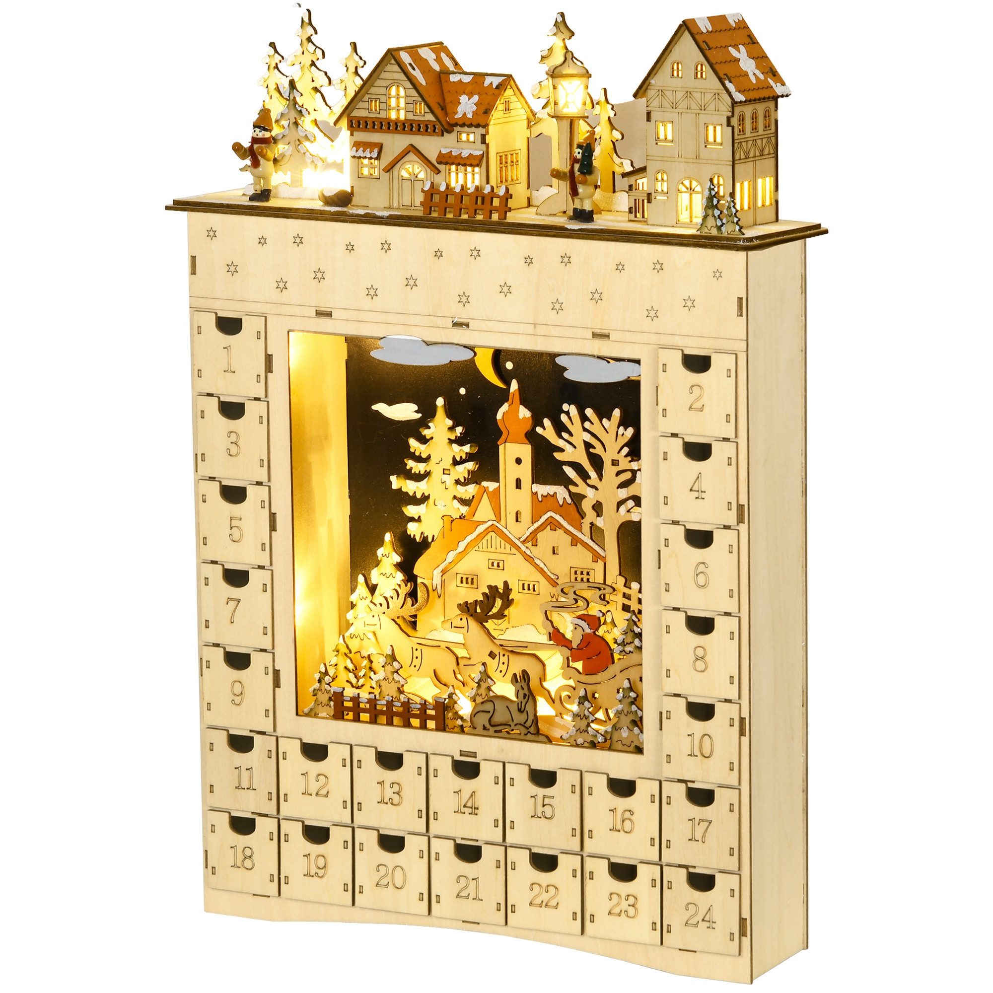 HOMCOM Weihnachtsdorf LED-Lichter, wiederverwendbar, 24-Tage-Countdown-Schublade, Naturholz