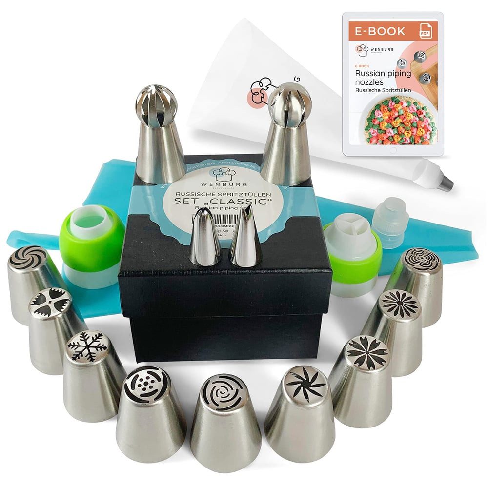 Wenburg Кондитеские мешочки 38er-Set Basic Spritztüllen mit E-Book (20-tlg) kreativ dekorieren Muffin Cupcake Kuchen Torten rostfreies Edelstahl