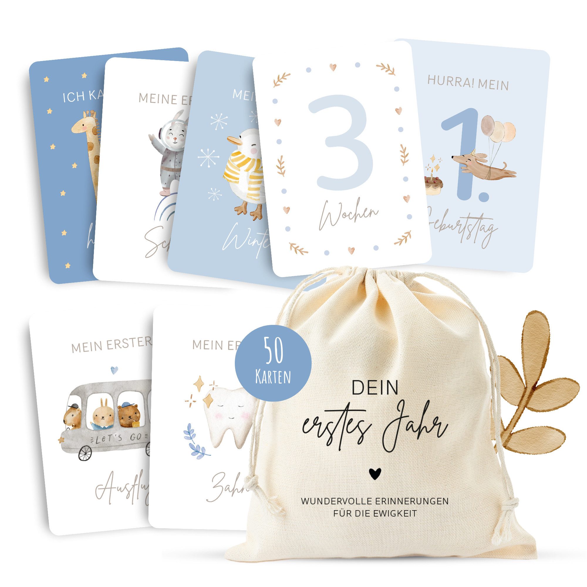 MeinBaby123® Geburtskarte 50 Meilensteinkarten "Dein erstes Jahr" zum Ausfüllen, inkl. Baumwollsäckchen, Geschenk zur Geburt, Meilensteinkarten Baby