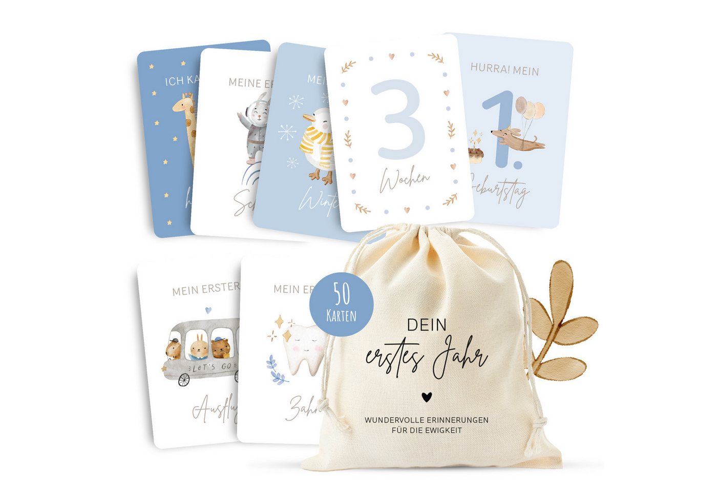 MeinBaby123® Geburtskarte 50 Meilensteinkarten "Dein erstes Jahr" zum Ausfüllen, inkl. Baumwollsäckchen, Geschenk zur Geburt, Meilensteinkarten Baby