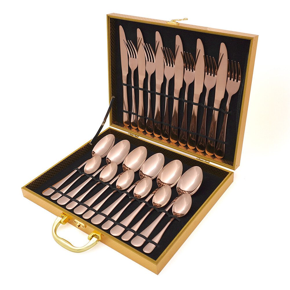 Faizee Möbel Besteck-Set Besteck-Set Edelstahl Besteck Set 24-tlg Messer Gabel Löffel Wood Box (24-tlg), Edelstahl