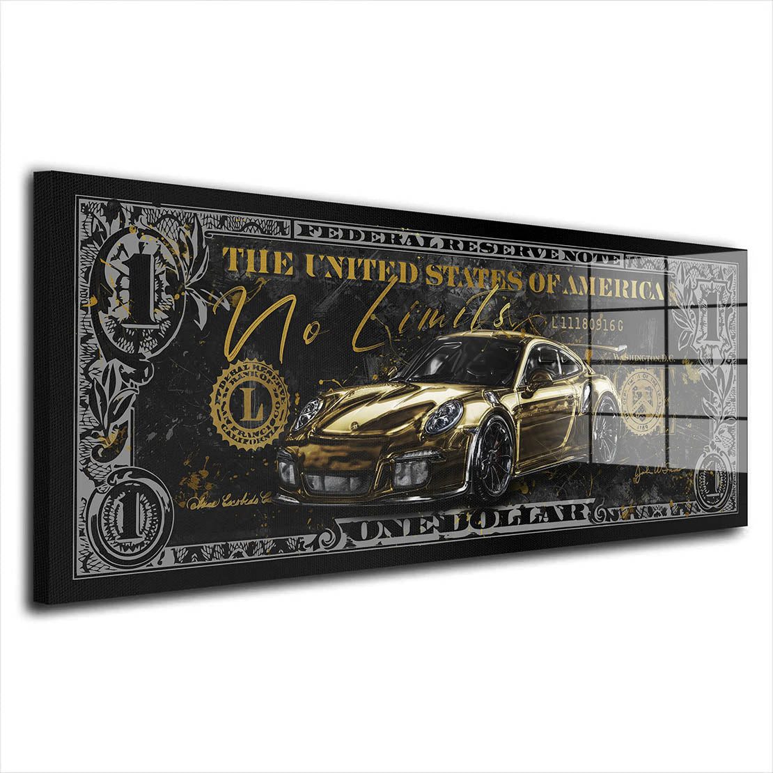 Artedinoi Acrylglasbild Porsche No Limits Acrylglasbild Wandbild Dollar Sportwagen Gold XXL, Goldener Sportwagen auf schwarz-silbernem Dollarschein