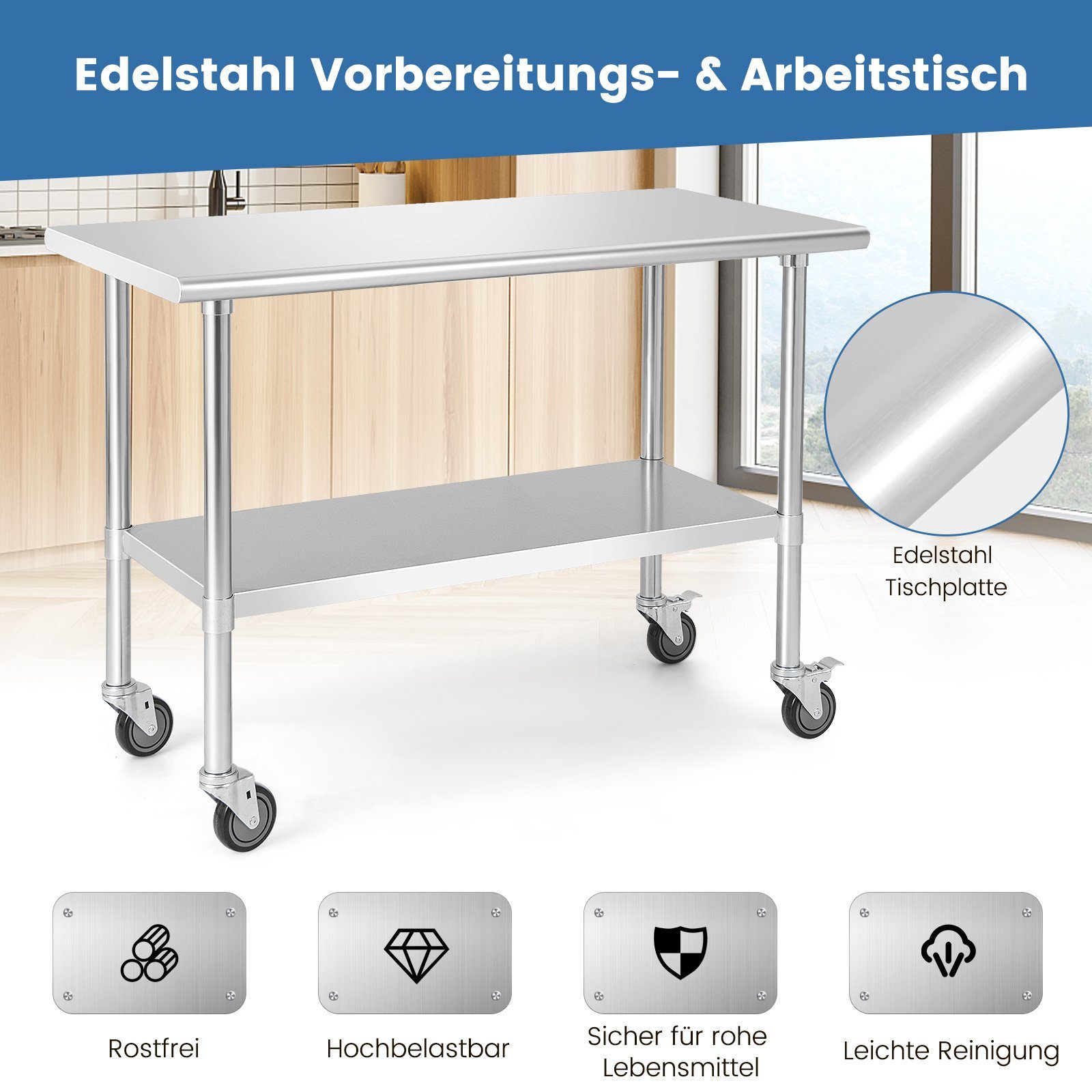 höhenverstellbarer Edelstahl Rollen, & COSTWAY Küchentisch, mit Ablage