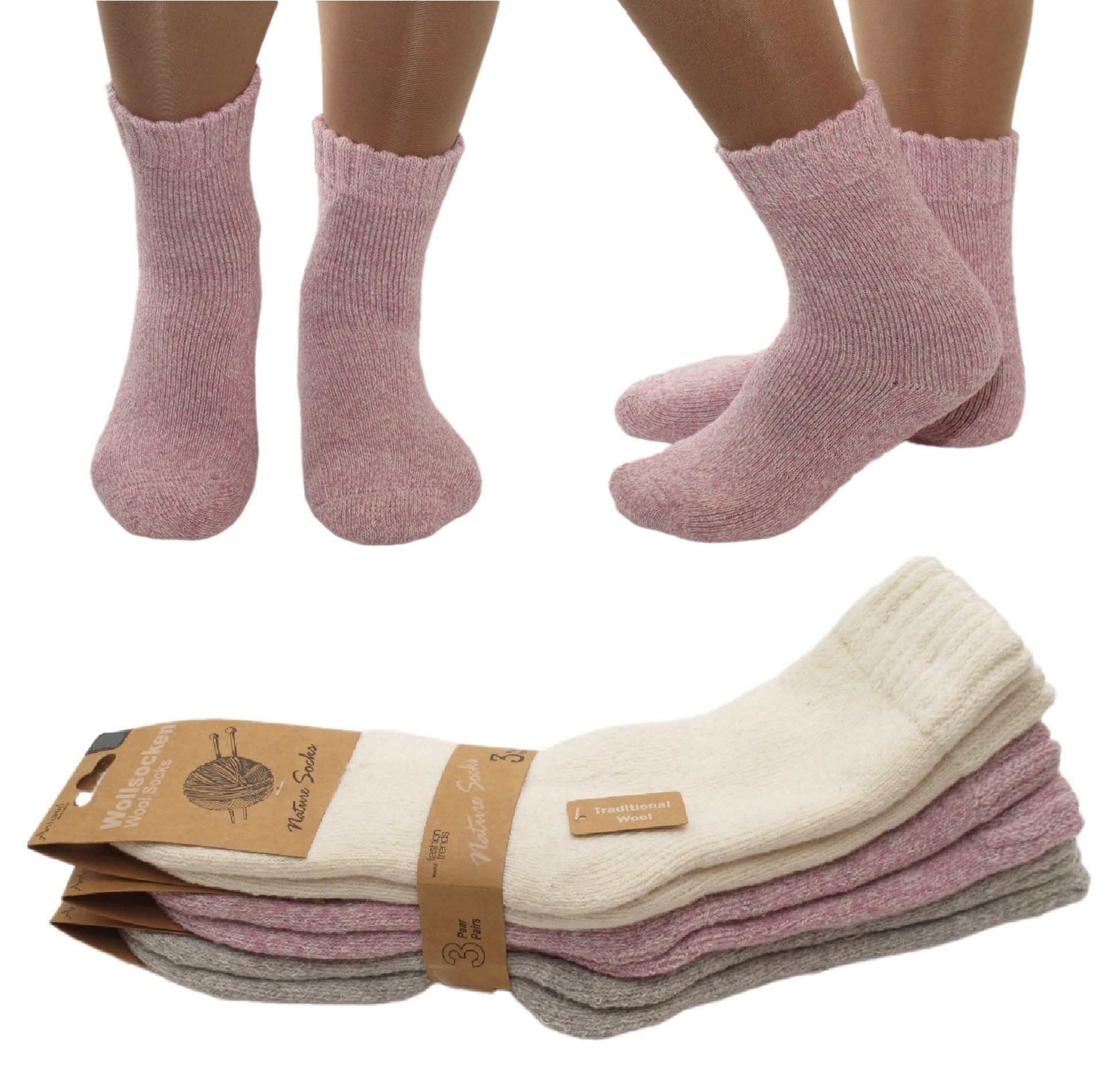 Antonio Socken 3 Paar Wollsocken Socken Strümpfe Damen Weiß Lila Grau Meliert 39-42