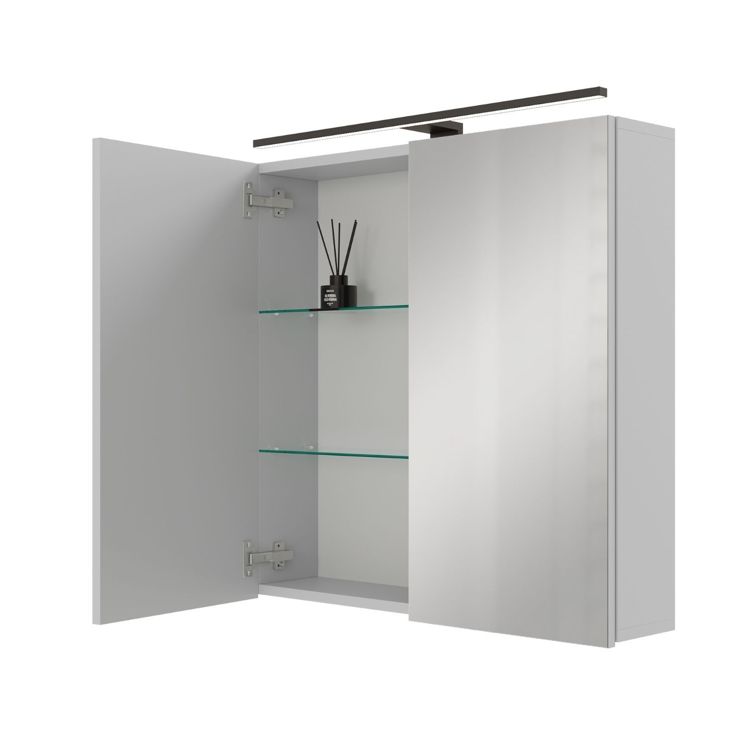 Planetmöbel Spiegelschrank Spiegelschrank ARIA (Spiegelschrank Bad 70 cm mit Beleuchtung und Steckdose, Badspiegelschrank 2-türig) weiß grau