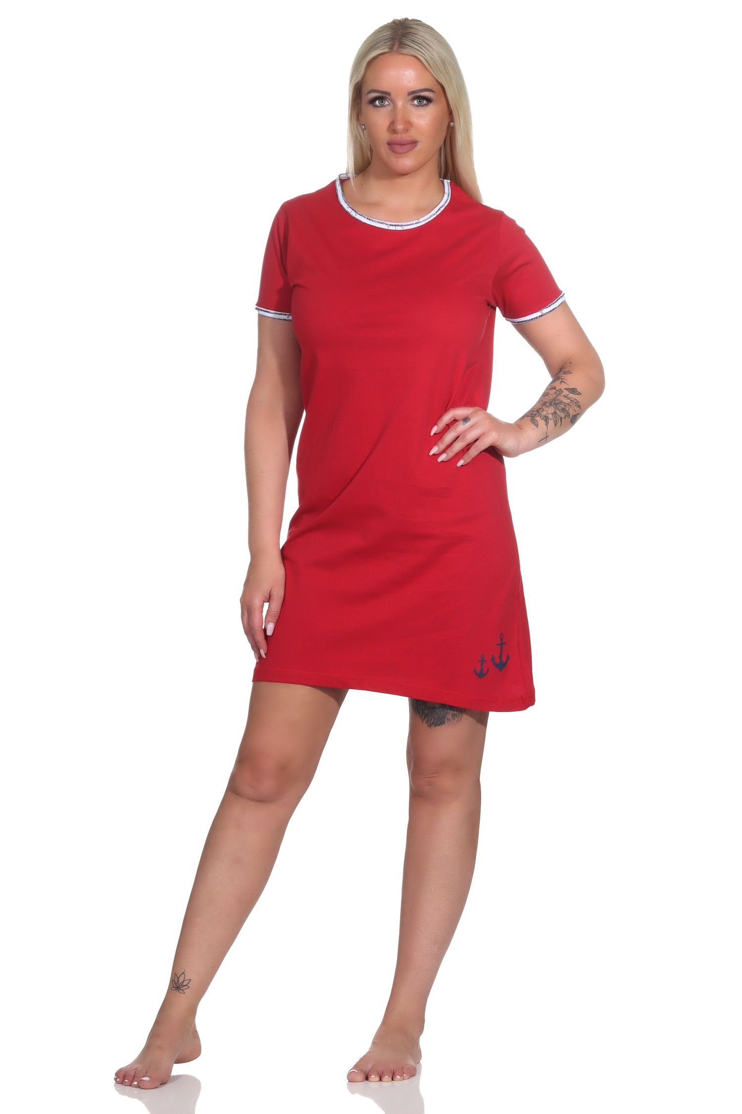 Rundhals Damen Maritimes Nachthemd Normann kurzärmliges mit Bigshirt Nachthemd, rot