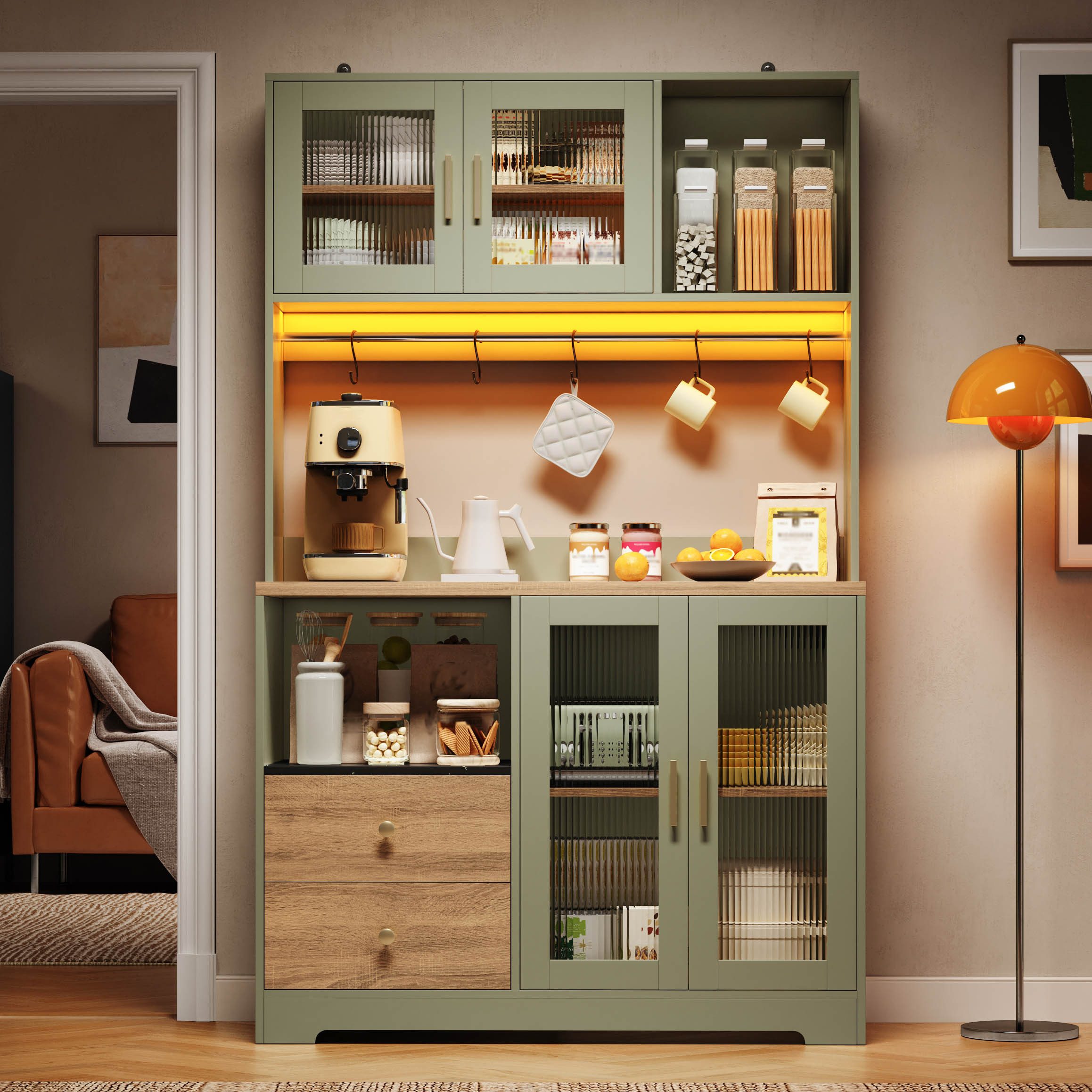 Flieks Küchenbuffet Hochschrank mit Arbeitsplatte in Holzoptik, Steckdose, LED-Beleuchtung (B110/T40/H178 cm, 1-St., Multifunktionsschrank mit Haken, Ladenfunktion) Küchenschrank Mehrzweckschrank mit Glastür, verstellbarer Ablagen Grün