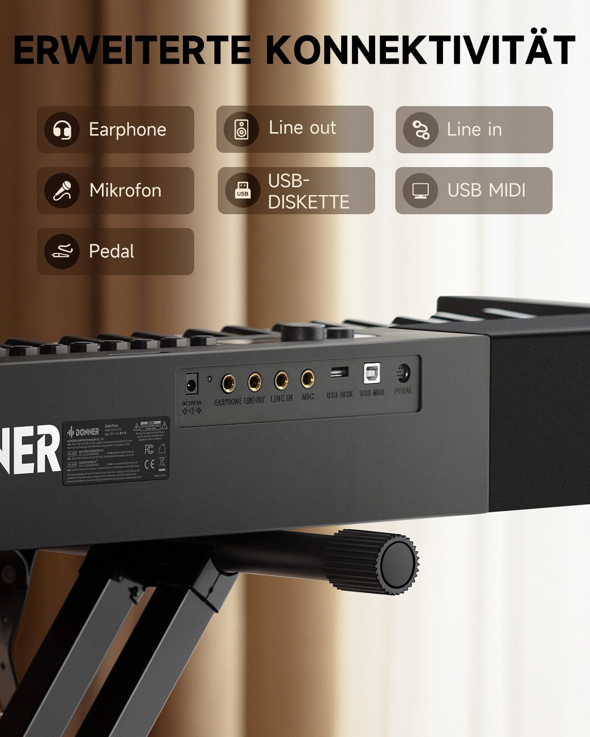 Donner Digitalpiano 88 Tasten Gewicht Digitalpiano mit Ständer, Sustain-Pedal DEP-20 Lite (Set, mit Ständer, Haltepedal, und Tastaturaufklebern), für Anfänger Tragbares E-Piano