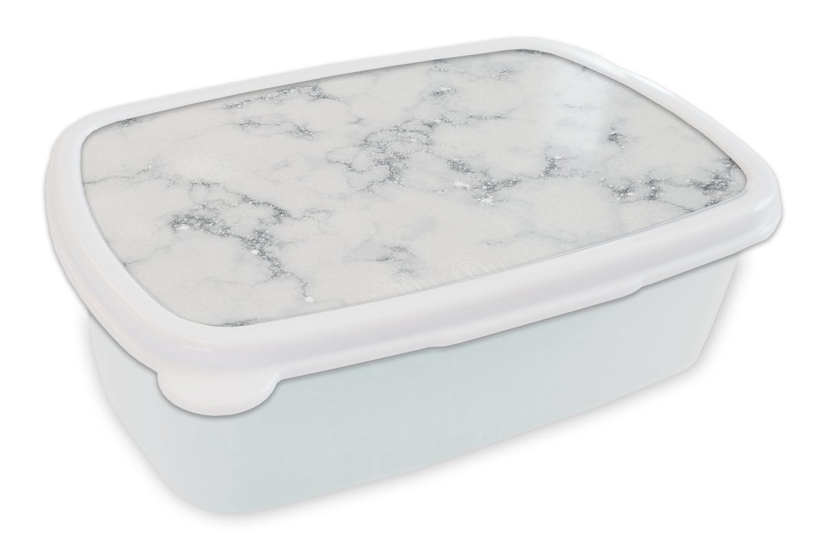 MuchoWow Lunchbox Marmoroptik - Weiß - Grau, Kunststoff, (2-tlg), Brotbox für Kinder und Erwachsene, Brotdose, für Jungs und Mädchen