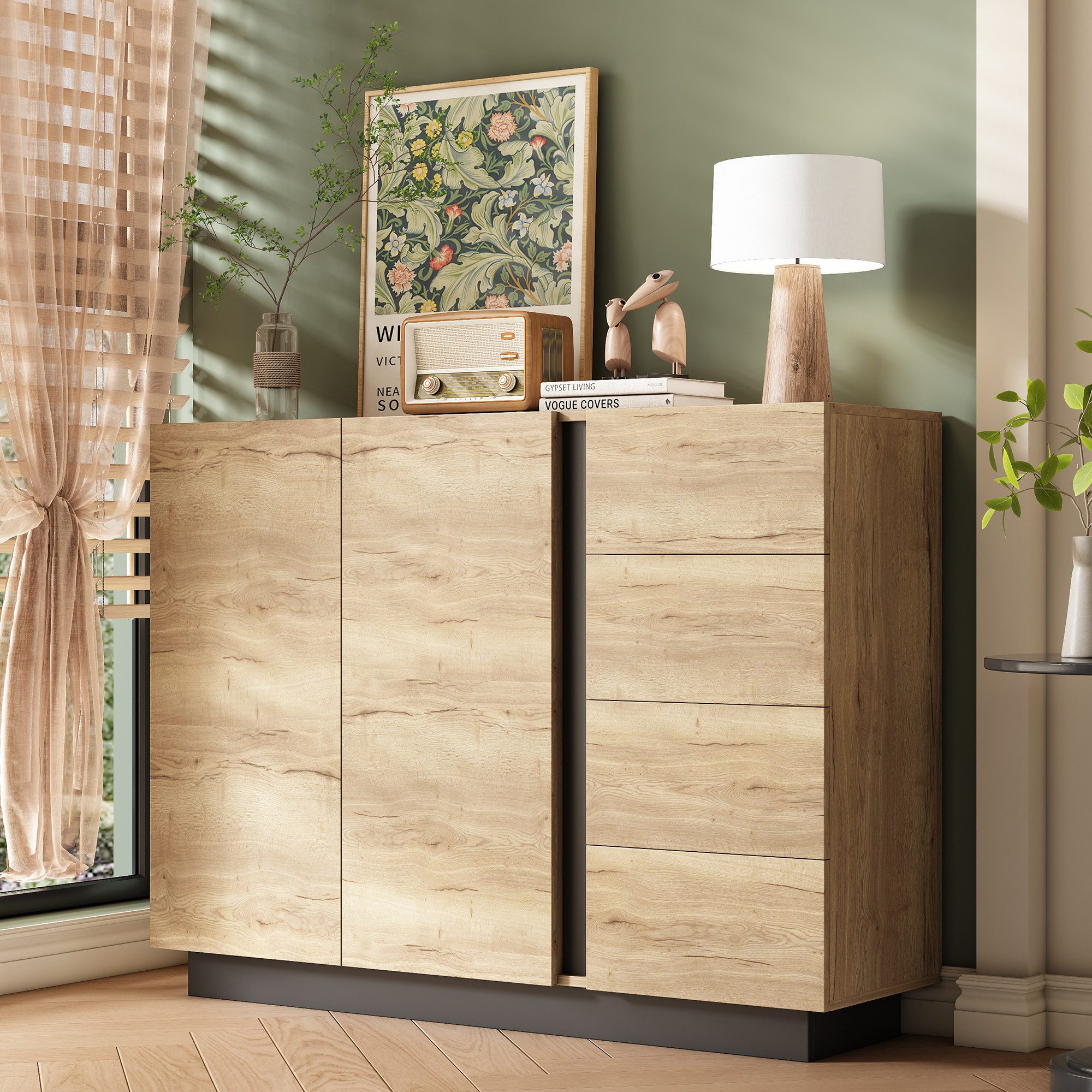 Refined Living Sideboard Sideboard Kommode Anrichte Aufbewahrungsschrank 120 cm (für Wohnzimmer, Esszimmer und Küche, 1 St., mit 4 Schubladen und 2 Türen, Schwarz/Naturholzoptik), Push-to-Open, hohe Füße, Mit Kippsicherung