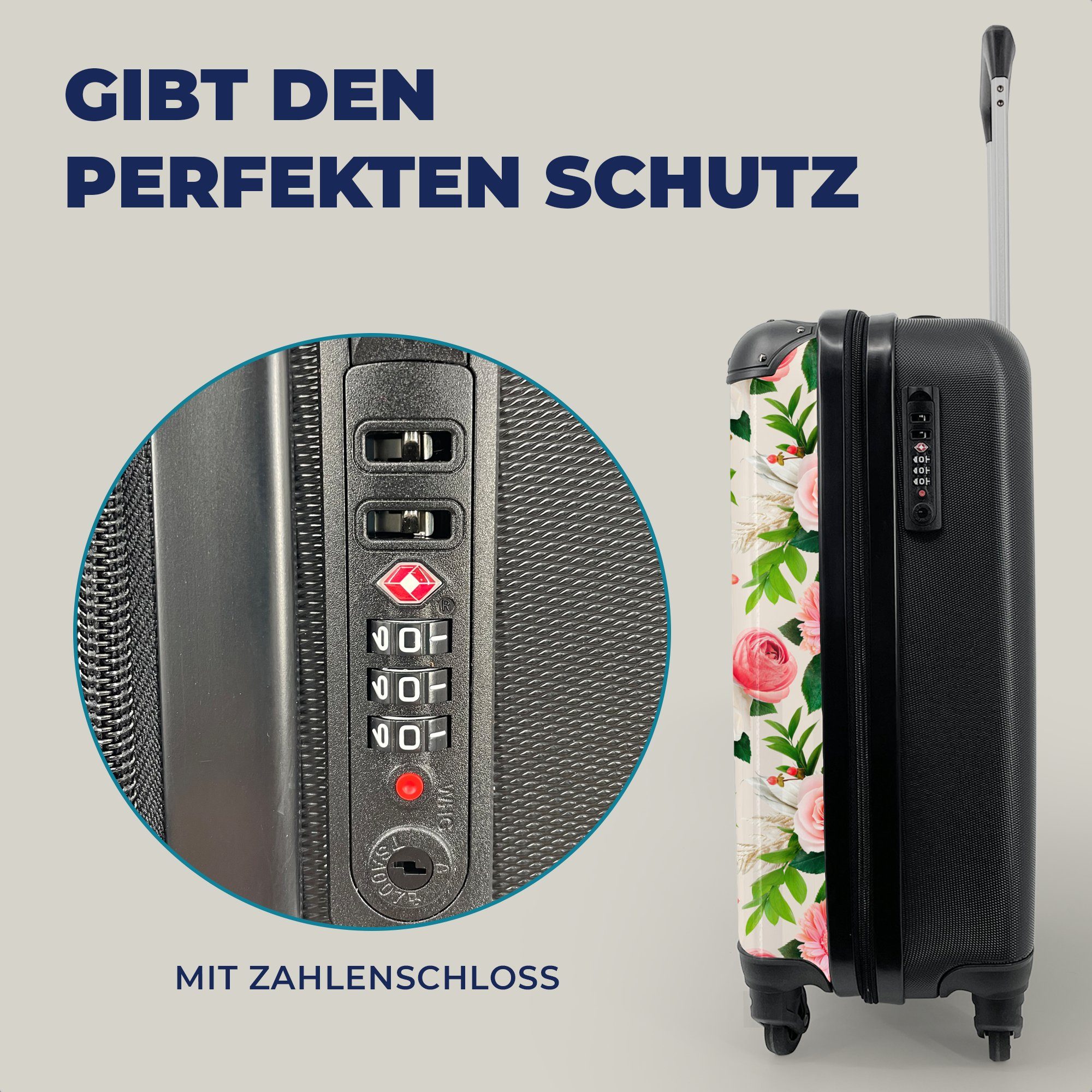 Rosa, Handgepäckkoffer 4 mit Rosen - Ferien, Rollen, Handgepäck Reisetasche rollen, MuchoWow - Reisekoffer für Blumen Trolley,