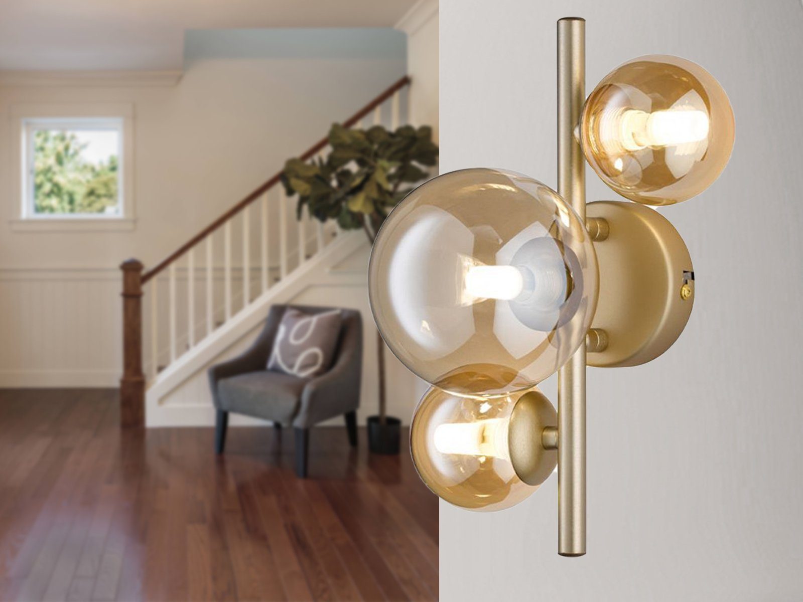 WOFI LED Wandleuchte, LED wechselbar, Warmweiß, innen, ausgefallene Bubble Lampe 4x Glas-kugel, Gold matt, Höhe 28cm Gold matt / Amberfarben