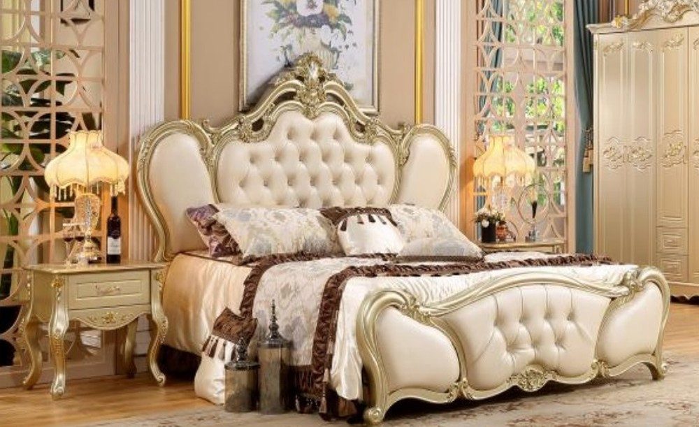 JVmoebel Bettgestell Massivholz Doppelbett in hellem Holzton mit Lederpolsterung (1-tlg)