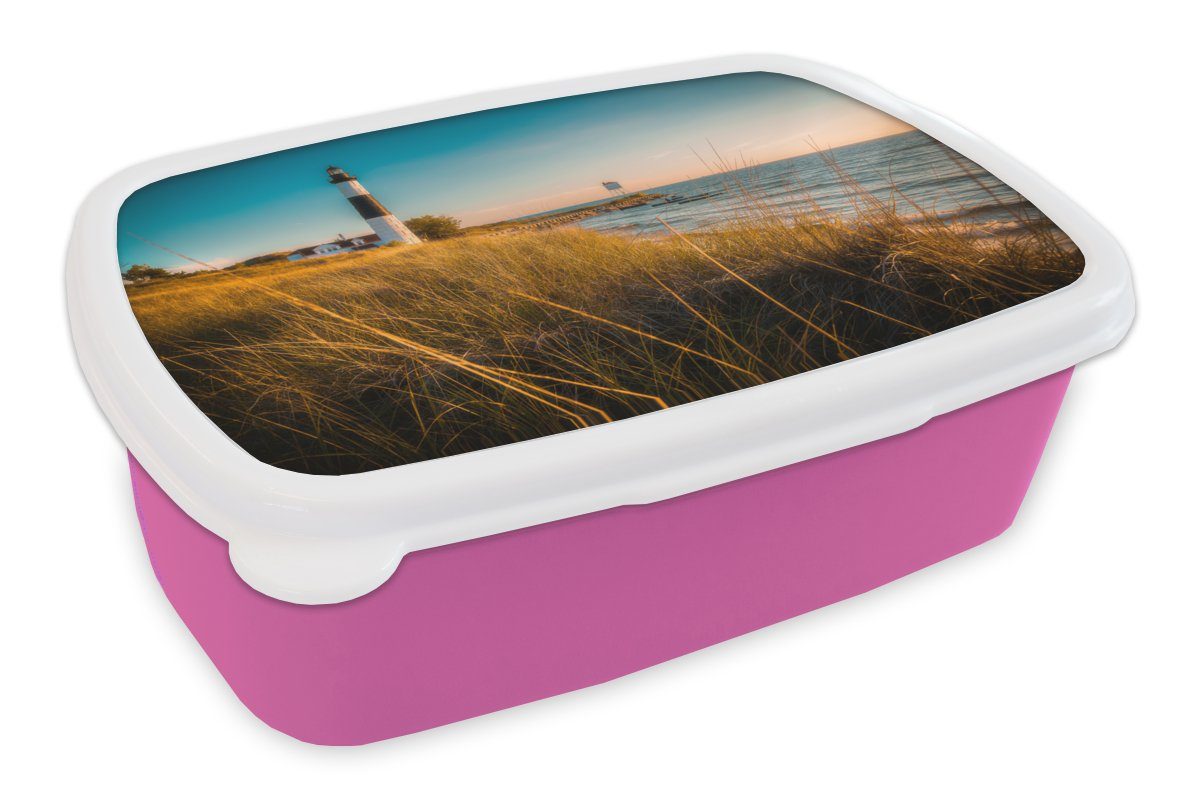 MuchoWow Lunchbox Leuchtturm - Meer - Amerika, Kunststoff, (2-tlg), Brotbox für Erwachsene, Brotdose Kinder, Snackbox, Mädchen, Kunststoff rosa