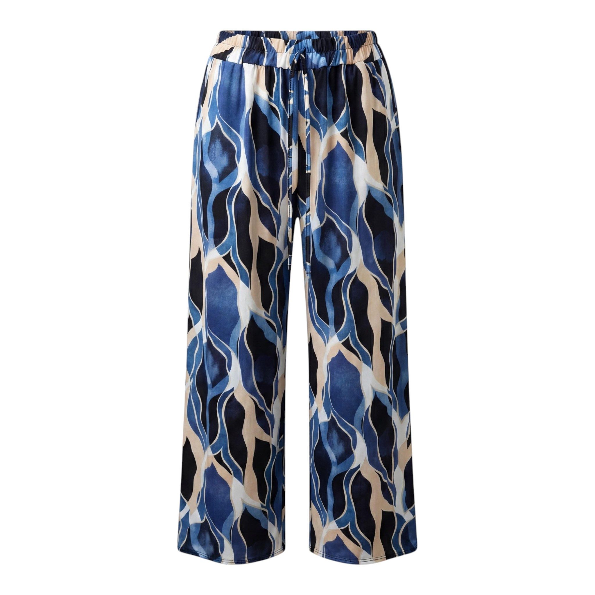 Palazzohose Damen Sommerhose Allover Print Blau Strandhose Taschen Schlupfhose