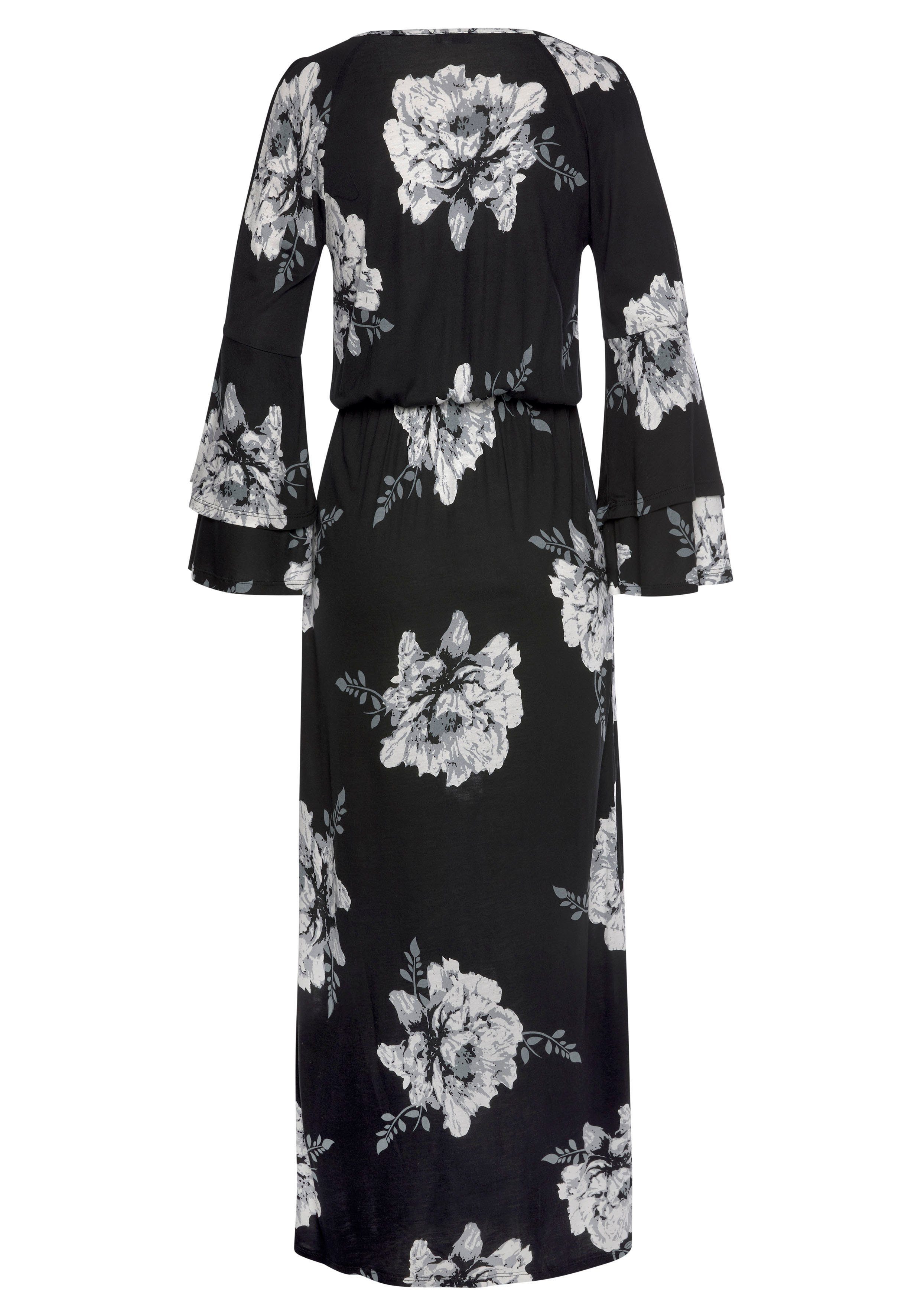 LASCANA Maxikleid mit Blumenprint und Schulter-Cut-Outs, 3/4-Ärmel Sommerkleid mit hohem Schlitz, softes Jerseykleid, Viskosekleid – Bild 3 von 5