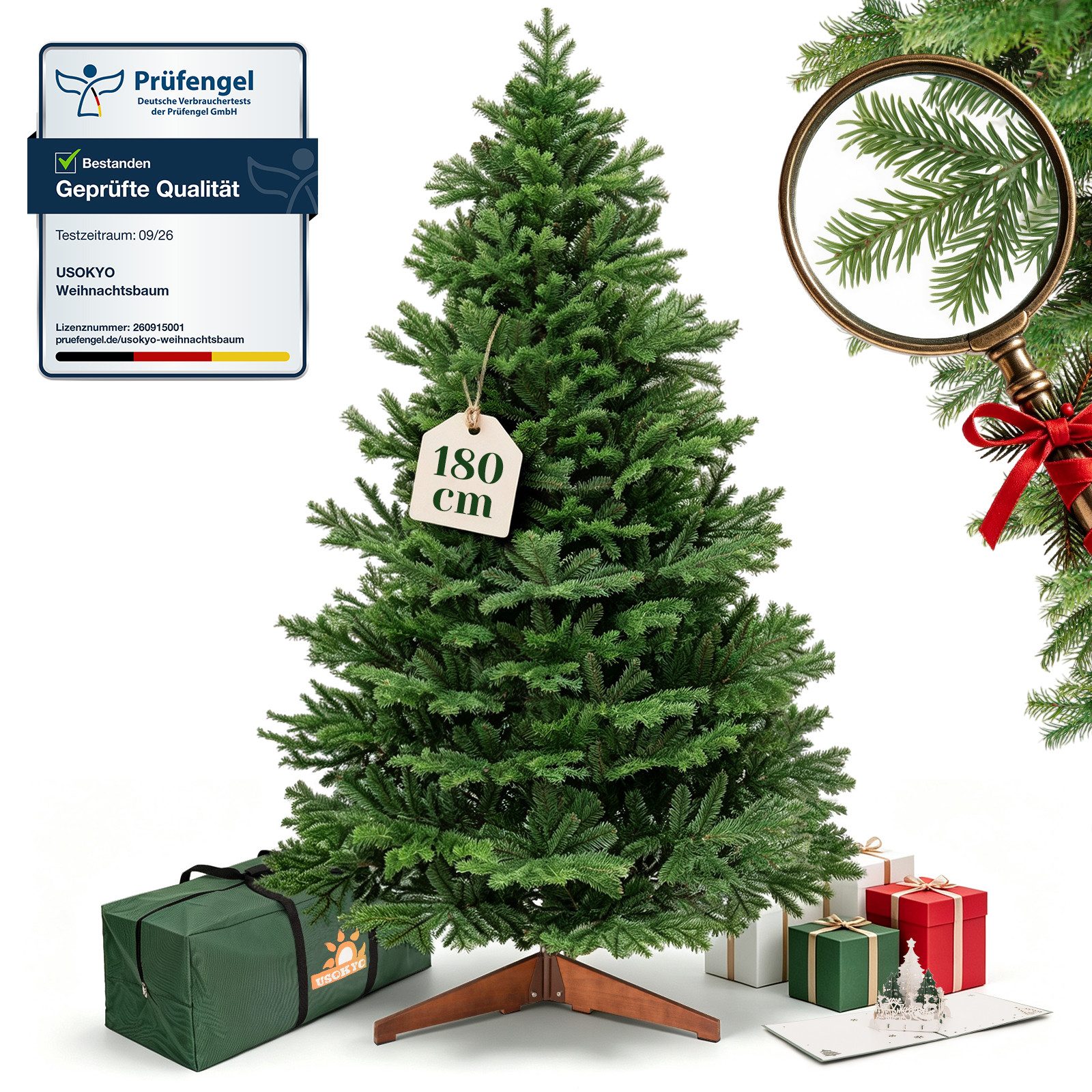 USOKYO Künstlicher Weihnachtsbaum Weihnachtsbaum 120/180/210 cm auswählbar,Tannenbaum aus PE und PVC, Tannenbaum, Naturgetreu,Dichte Zweige Christmas tree mit Holzständer für zimmer